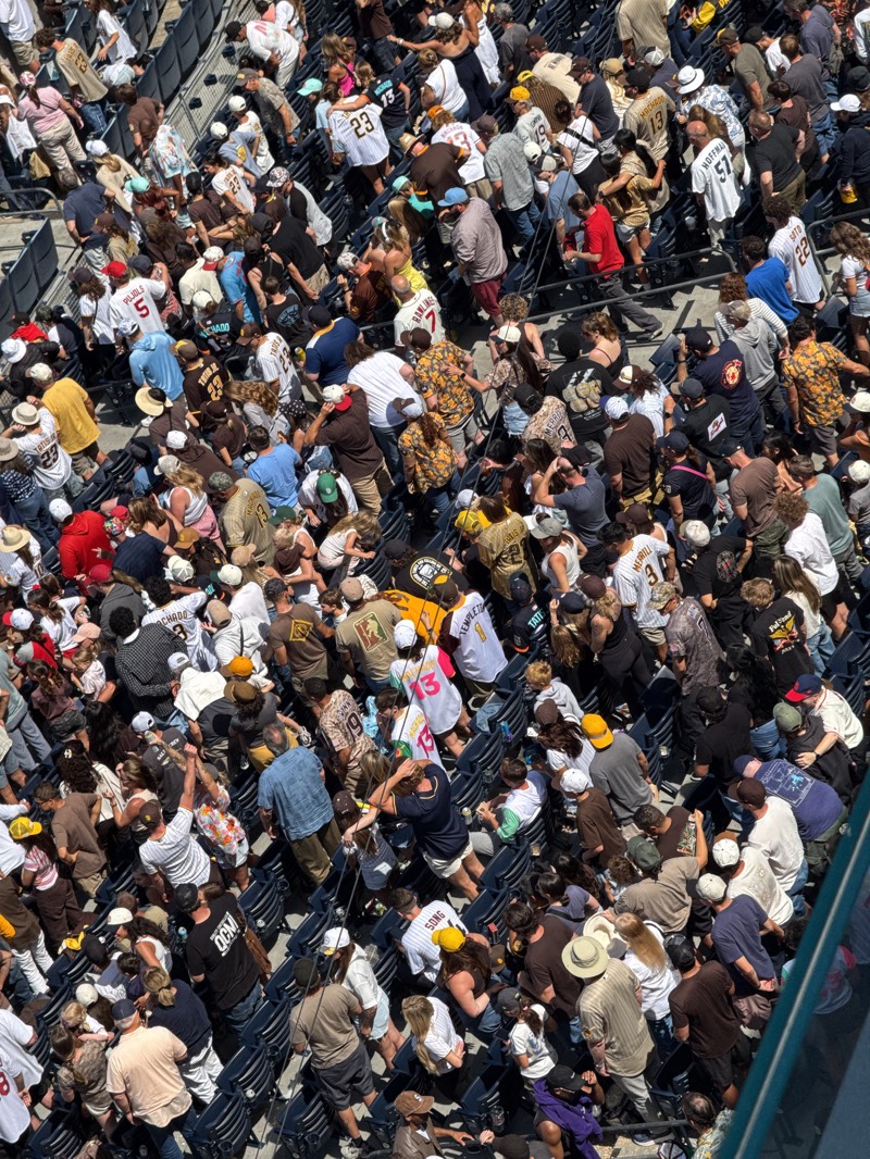 A high-angle, medium shot captures a crowded stadium setting, with numerous people occupying the blue seating. The scene is densely packed, with individuals sporting a variety of attire, including baseball jerseys, hats, and casual wear. The overall environment suggests a sunny day at a sports event, likely a baseball game given the prevalence of team apparel. The composition is busy, with movement and interactions amongst the attendees creating a dynamic atmosphere. The location is in San Diego, United States.