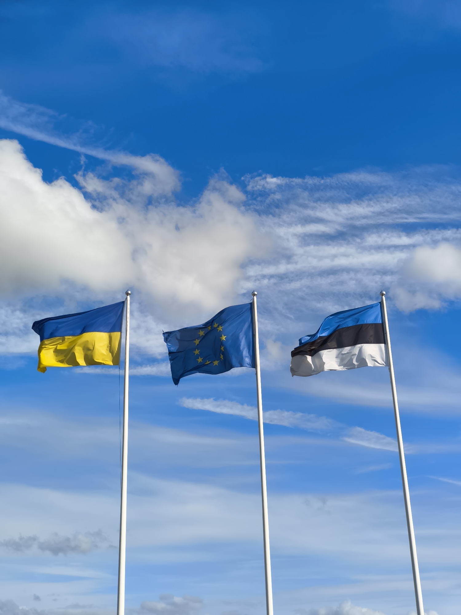 The image shows three flags flying on flagpoles against a blue sky with scattered clouds. From left to right, the flags are the Ukrainian flag, the European Union flag, and the Estonian flag. The Ukrainian flag is a bicolor of blue and yellow. The European Union flag is blue with a circle of 12 yellow stars. The Estonian flag is a tricolor of blue, black, and white. The flagpoles are white and are positioned in a line, with the flags extending outward. The image appears to be taken outdoors. There is no indication of the specific location in Tallinn, Estonia, other than the presence of the Estonian flag.