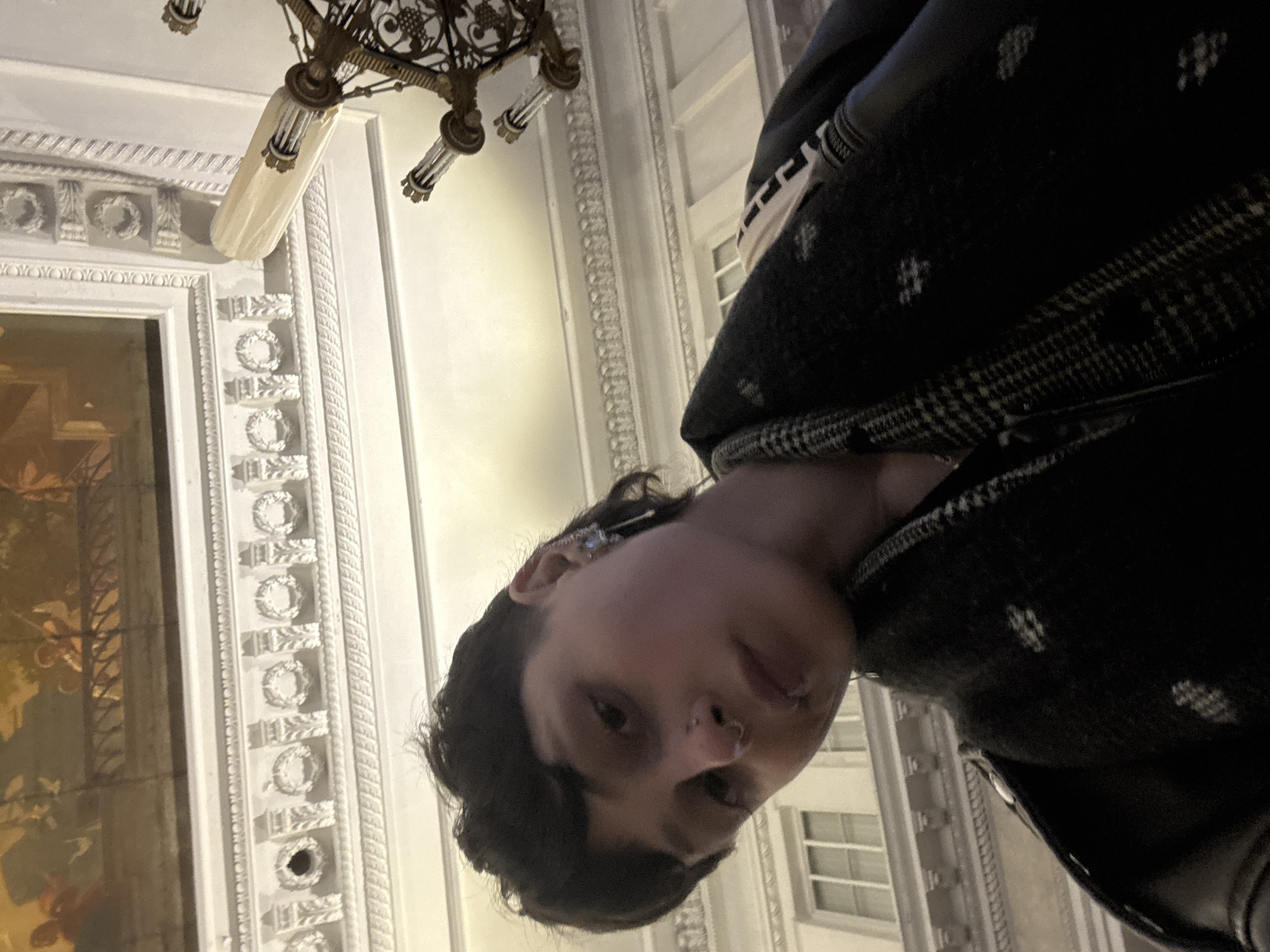 A low-angle, eye-level shot captures a young person with dark hair, looking directly into the camera. They wear multiple piercings, including a septum ring and a stud on the nose, and an intricate ear cuff on their visible ear. The person is dressed in a dark jacket with white patterned elements, possibly over a checkered garment.
The background reveals a grand, ornate interior, characteristic of a historical or opulent building, consistent with the architecture found in Saint Petersburg, Russia. High above, a large, elaborate brass chandelier hangs from the ceiling, featuring intricate grape vine patterns and several light fixtures, some of which are covered with light-colored, possibly fabric, sleeves. The walls and ceiling are adorned with richly detailed white architectural molding, including repeating laurel wreath motifs and geometric patterns. To the left, a section of a large painting or mural with warm, earthy tones is visible within a framed panel. In the distance, through a window, parts of an exterior building can be faintly seen. The lighting in the room is warm, highlighting the decorative features. No text is visible in the image.