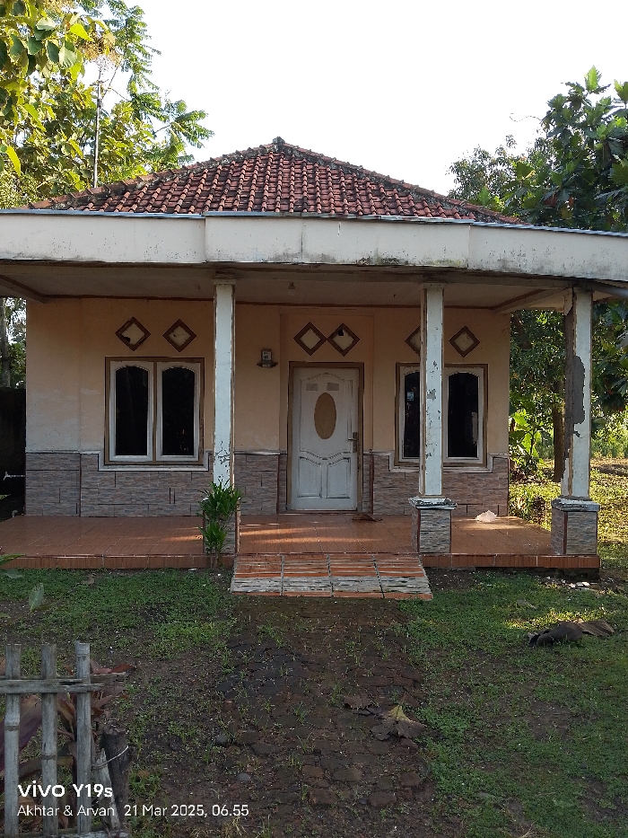 A single-story house with a tiled roof and a porch is situated in a grassy yard. The house has a white door with a oval window and two windows with black frames on each side. The house is built with beige walls and a stone base. There is a small concrete ramp leading to the porch from the yard. The yard is green with some brown patches and a bamboo fence on the left side of the frame. The house is located in Kecamatan Anjatan, Indonesia, at latitude: -6.417, longitude: 107.979. There are trees in the background and a small animal on the ground in front of the porch. The scene is captured from a slightly elevated angle, facing the front of the house. The image was taken on 21 Mar 2023 at 06:55.