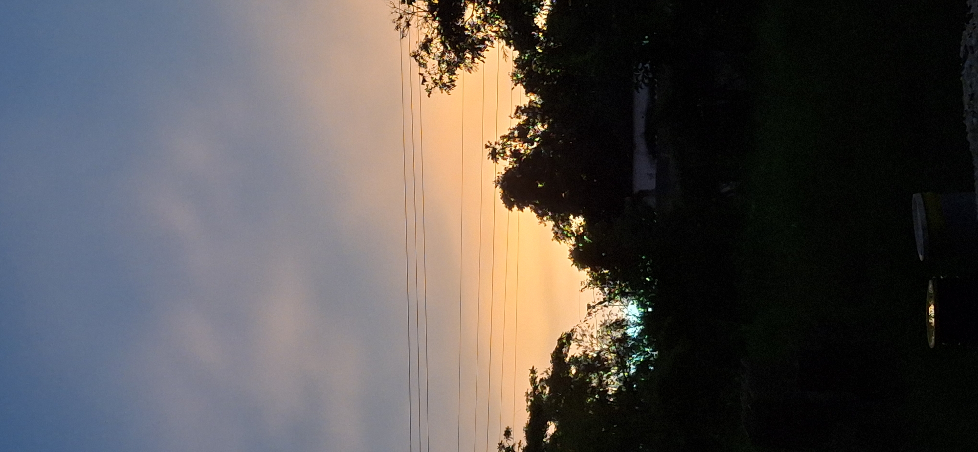The image depicts a dusky sky over a rural landscape in Vallecito, Venezuela. The sky transitions from a deep blue at the top to hues of pale orange and pink near the horizon, suggesting either dawn or dusk. Silhouetted against the colorful sky are the dark shapes of trees and foliage, obscuring much of the background. Three parallel power lines stretch horizontally across the mid-section of the image. The foreground is dominated by darkness, with the lower portion of the image showing shadowy ground and two cylindrical objects, one appearing to be a dark drum, and the other a lighter-colored container, possibly a bucket, both partially visible. The overall scene conveys a tranquil, natural setting at the edge of twilight.