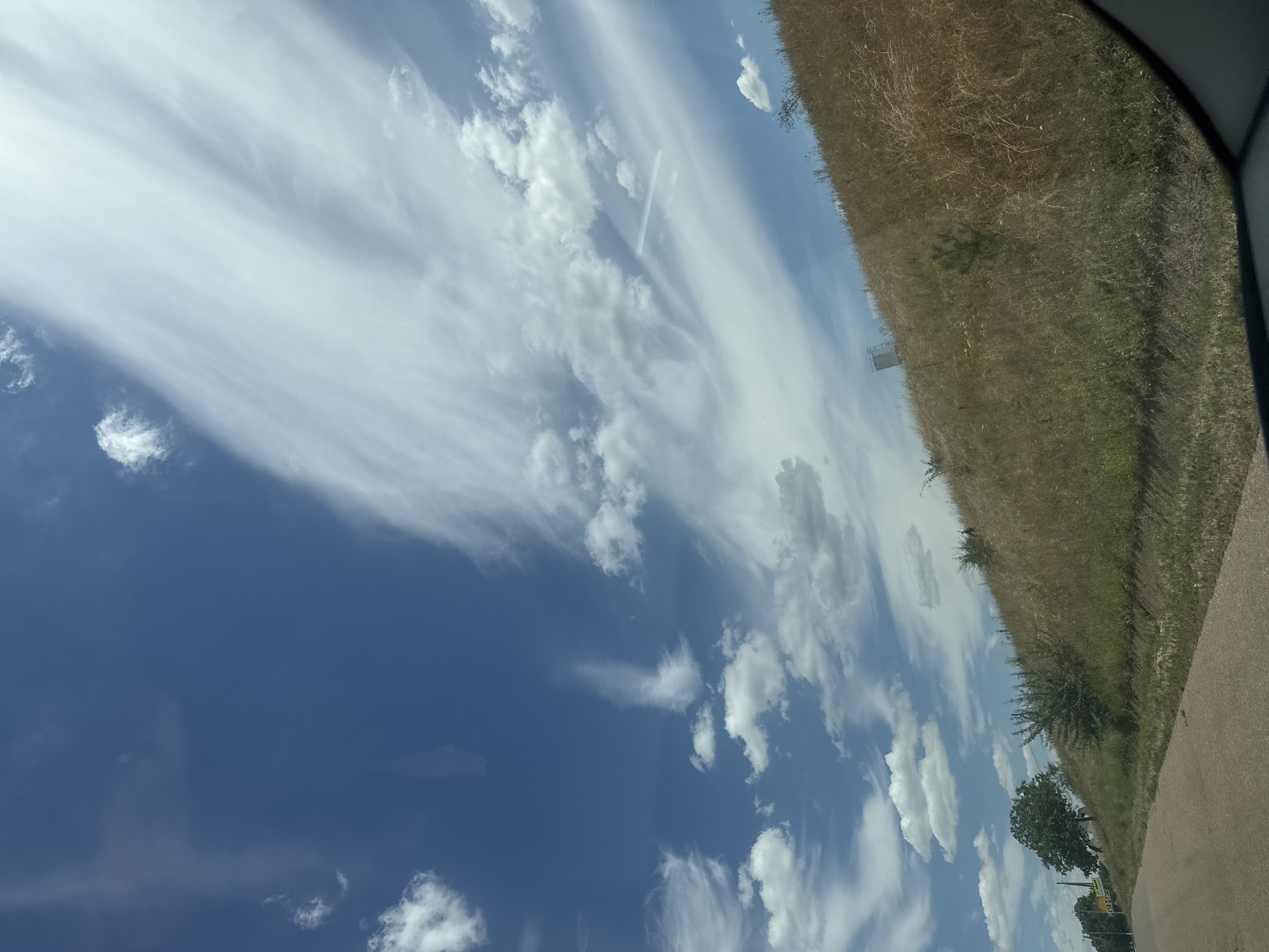 The image depicts a roadside view under a bright blue sky filled with wispy clouds. A grassy, overgrown embankment slopes upwards from the right side of the frame, dotted with dry grasses and sparse vegetation. A paved road runs along the bottom left of the image, with a ditch separating it from the embankment. In the distance, on the left side of the road, a few trees and bushes are visible, along with a yellow signpost. The overall scene appears to be rural, possibly on the outskirts of a town or city. There are no people or specific identifiable landmarks that would pinpoint the location as Iurievca, Moldova, without further context.