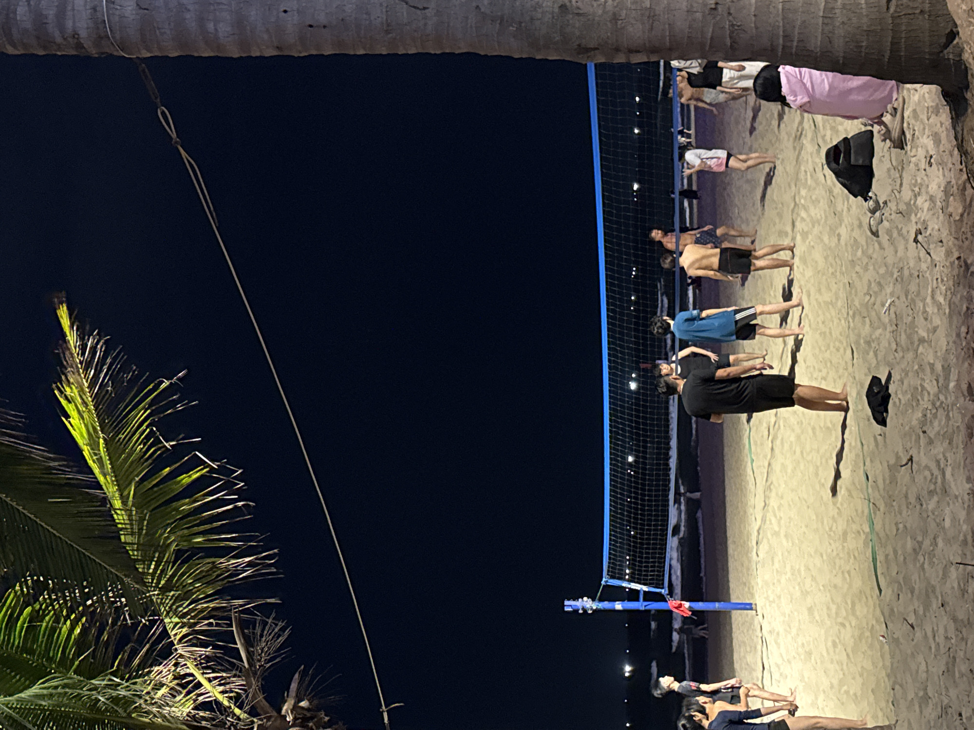 This image captures a nighttime scene at a beach volleyball court in Đà Nẵng, Vietnam. Several individuals are gathered on the sandy court, illuminated by artificial lights.
The primary subjects are approximately ten to twelve people of various ages, mostly men, standing on the sand near a blue and white volleyball net. Many are dressed in casual attire such as shorts and t-shirts, with some appearing barefoot, indicating a relaxed, informal setting. Their postures suggest they might be waiting to play, taking a break, or observing a game. On the right side of the court, a pair of shoes and a black jacket are placed on the sand.
The setting is an outdoor beach volleyball court under a dark night sky. A tall palm tree trunk occupies the top portion of the frame, from which a thin rope or wire extends diagonally downwards. Another palm tree with illuminated green fronds is visible on the left side of the image, contrasting sharply with the dark background. The sand on the court is well-lit, highlighting its texture and the shadows cast by the people.
The time of day is clearly night, with the court and surrounding area lit by artificial sources, suggesting an evening activity. There are no indications of adverse weather, implying a clear night. No visible text is present in the image. The overall atmosphere appears casual and social, centered around beach sports.