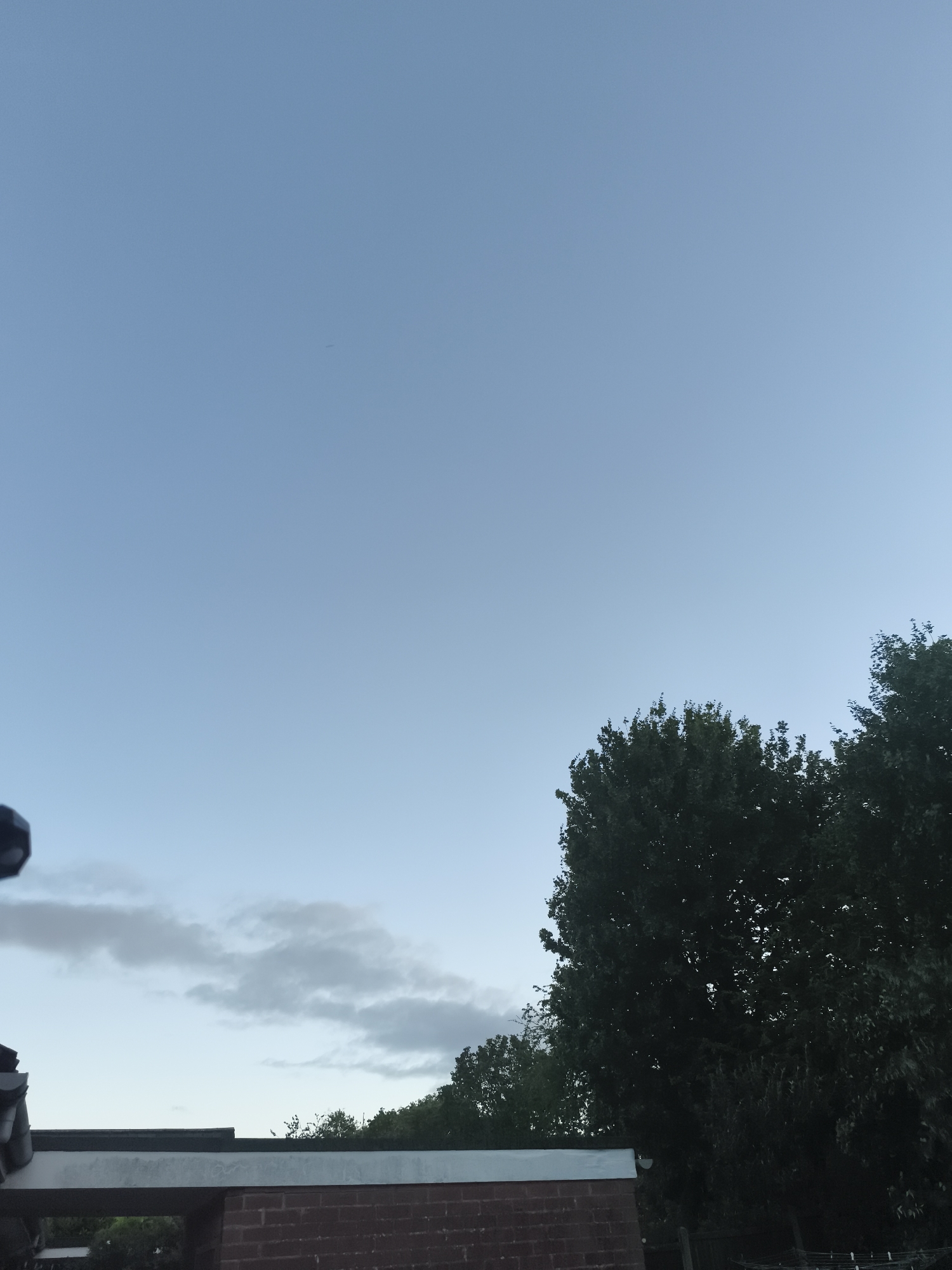 The image presents an outdoor scene dominated by a clear, light blue sky, with elements of nature and a man-made structure in the lower half. The sky, which occupies the majority of the frame, is a soft, light blue, transitioning slightly to a paler shade towards the bottom. A tiny, dark speck, possibly a distant bird or insect, is faintly visible in the upper-middle section of the sky. In the lower-left portion of the sky, a band of light grey, wispy clouds extends horizontally.
On the right side of the image, a large, dense cluster of dark green trees fills the lower-right quadrant, their foliage appearing rich and full. More tree tops are visible peaking above a building structure on the left side.
The building structure in the bottom-center and bottom-left features a flat roof with a dark, possibly black, edge. Below this, a lighter-colored fascia, likely white or light grey, runs horizontally. A red brick wall forms the base of this structure, with a dark, rectangular recess or opening in its center. In the extreme top-left corner, a dark, angular object, possibly part of a security camera, a light fixture, or roof guttering, partially intrudes into the frame.
The lighting conditions suggest either early morning or late evening, characterized by soft, diffused light and an absence of strong shadows. The weather appears calm and clear, apart from the scattered clouds. The scene conveys a peaceful outdoor atmosphere in an expansive setting, consistent with the Huntingdonshire, United Kingdom context. No human activity or visible text is present.