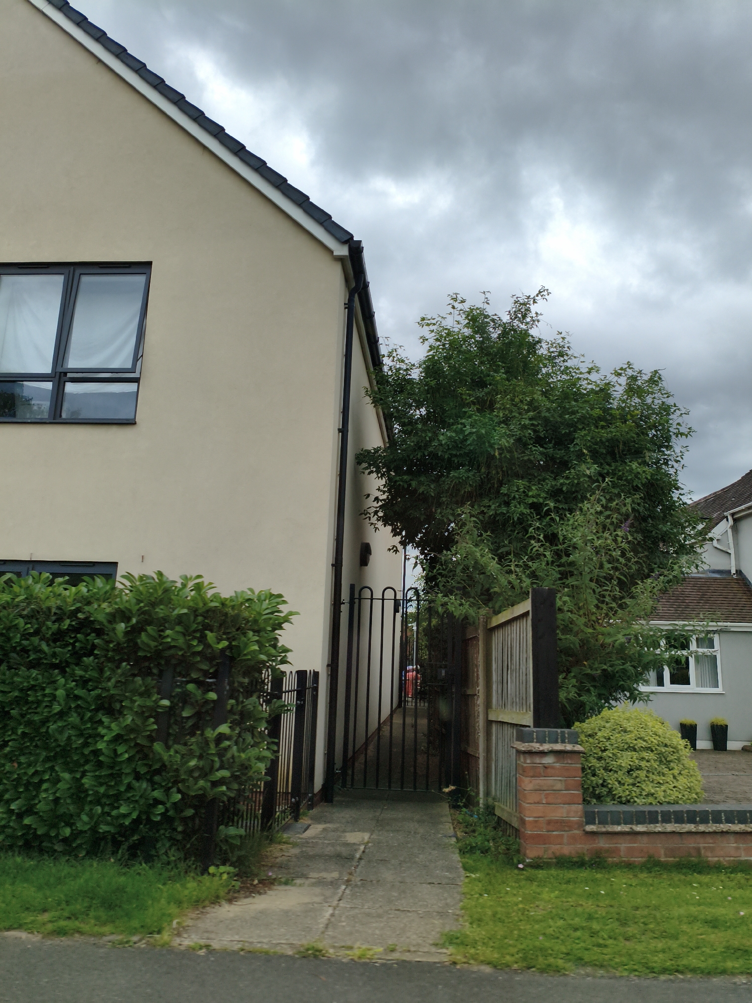 A narrow concrete path runs alongside a beige rendered house with a dark tiled roof and dark-framed windows. A hedge of dark green, glossy leaves borders the path on the left, separated from it by a black metal fence. Beyond the hedge, the path leads to a black metal gate, which is partially ajar, revealing a glimpse of a red object and a person's legs in the distance. A large, leafy green tree stands to the right of the gate, obscuring the view of the neighboring property. This tree is bordered on the right by a wooden fence, supported by a brick pillar. To the right of the fence, another house with a grey exterior and white-framed windows is visible. The sky is overcast with dark, heavy clouds, suggesting a cloudy or possibly rainy day. The scene appears to be a residential area in Wychavon, United Kingdom. There is no visible text in the image.