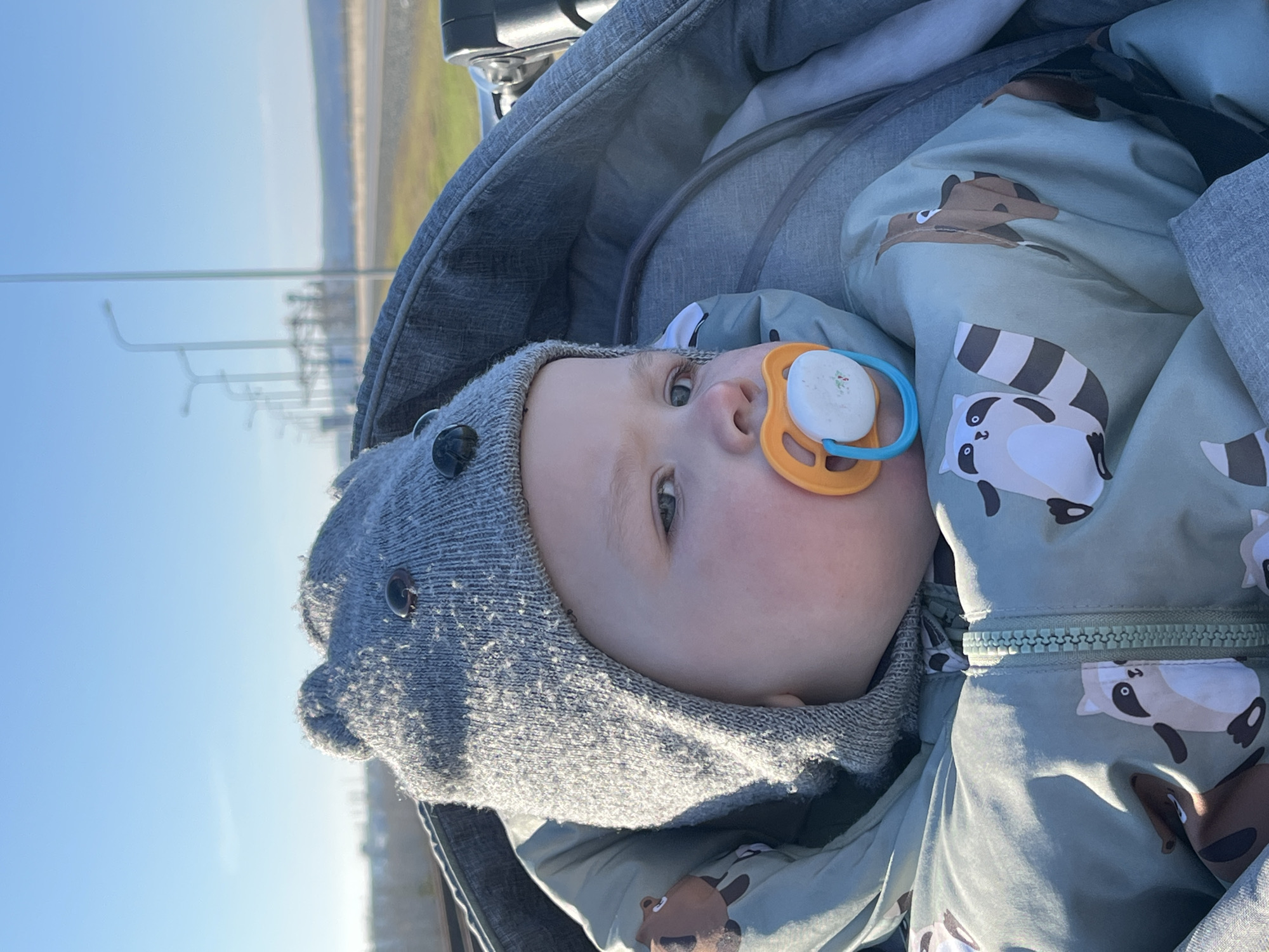 A baby lies in a stroller wearing a grey knitted hat with small buttons resembling eyes. The baby wears a blue and grey raccoon-printed jacket and has a blue and orange pacifier in its mouth. In the background, blurred street lights are visible against a light blue sky. The scene appears to be outdoors during daylight. The specific location in Chaikovsky, Russia, cannot be determined from this image alone.