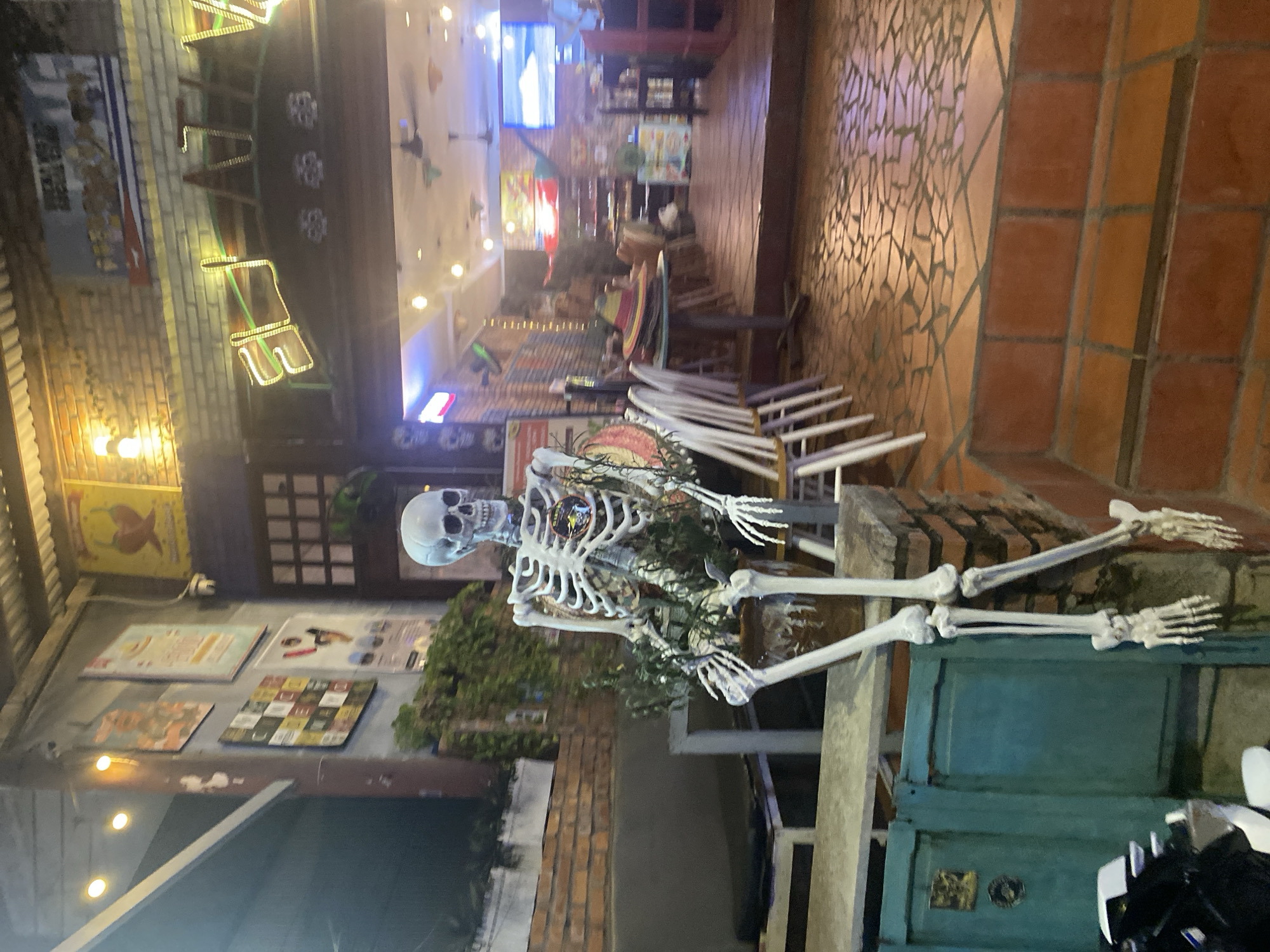 An artificial skeleton is perched on a low brick wall in front of a building with a corrugated metal roof. The skeleton is white and appears to be made of plastic. It is sitting with its legs dangling and its arms resting on its lap. A potted plant with green foliage is behind the skeleton. Behind the skeleton, a building interior is visible, with tables, chairs, and what appears to be a bar area. The building is decorated with neon signs and posters. The ground in front of the building is paved with irregular shaped tiles. The overall scene suggests an outdoor seating area for a restaurant or bar. The image is taken at night, and the lighting is dim, with some artificial lights illuminating the scene. The location is identified as Phu Thuy Ward, Vietnam, a coastal area known for its seafood restaurants and lively atmosphere.