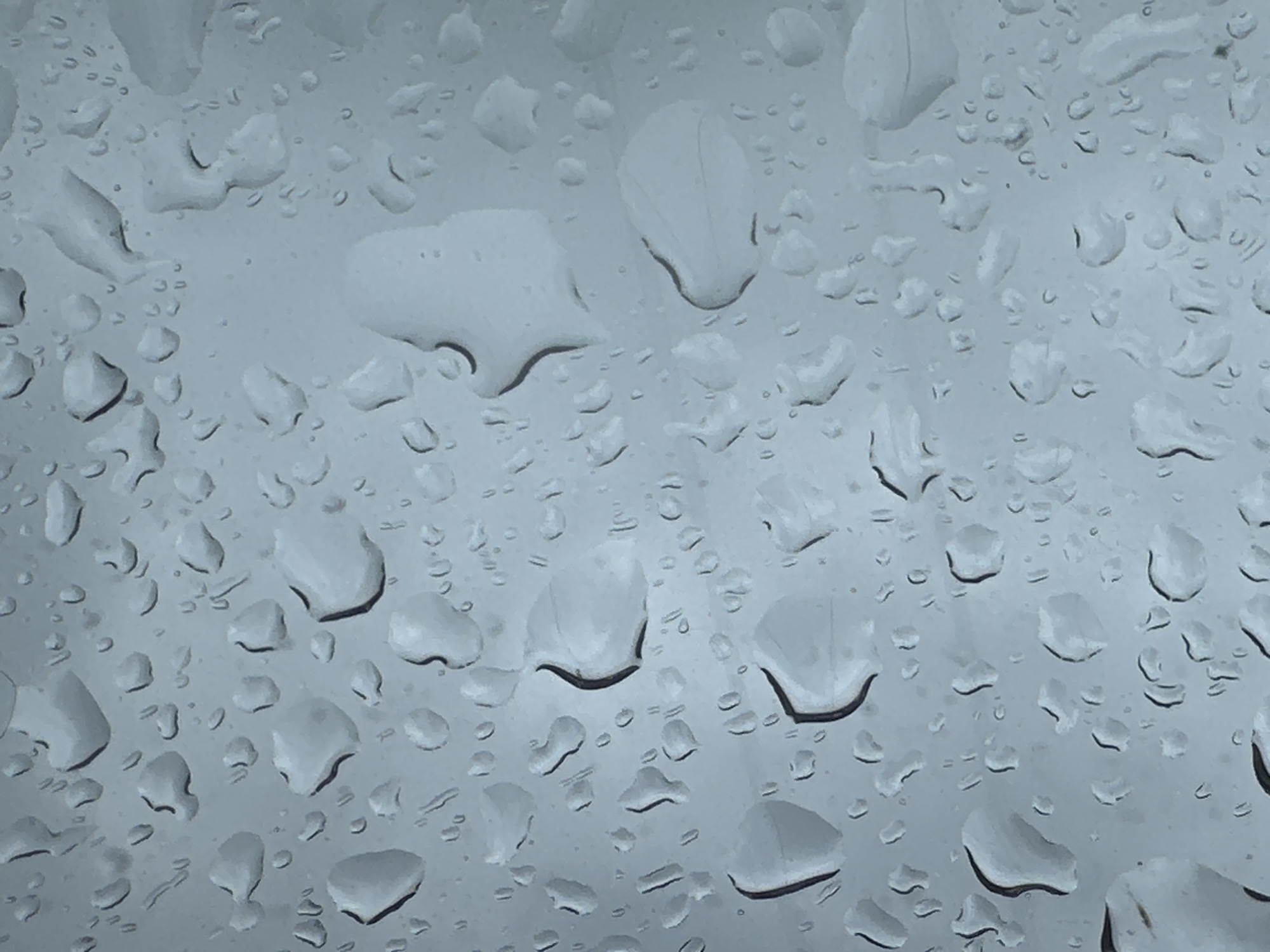The image shows raindrops on a glass surface. The droplets vary in size, with some being quite small and others much larger. The background is blurred and indistinct, but it appears to be a cloudy or overcast sky. There are no people visible. The overall color palette is muted, with shades of gray and white dominating the scene. The image is cropped closely, focusing primarily on the raindrops themselves and their interaction with the glass. There is no evidence or indication about the location.