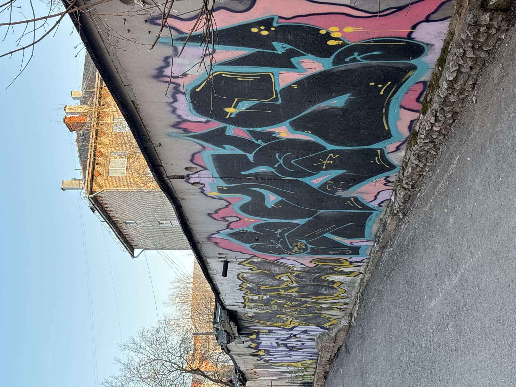 A street in Perm, Russia, presents a concrete wall heavily covered in graffiti. The artwork is a complex arrangement of black, pink, blue, and yellow hues, creating an abstract and chaotic visual.
The wall is adjacent to a paved road, indicating an urban environment. The structural integrity of the wall appears compromised, with visible cracks and exposed materials.
In the background, a building with brickwork and visible windows peeks over the wall. Bare tree branches reach into the sky. The sky is pale blue.
The lighting suggests a daytime setting. No people are present.