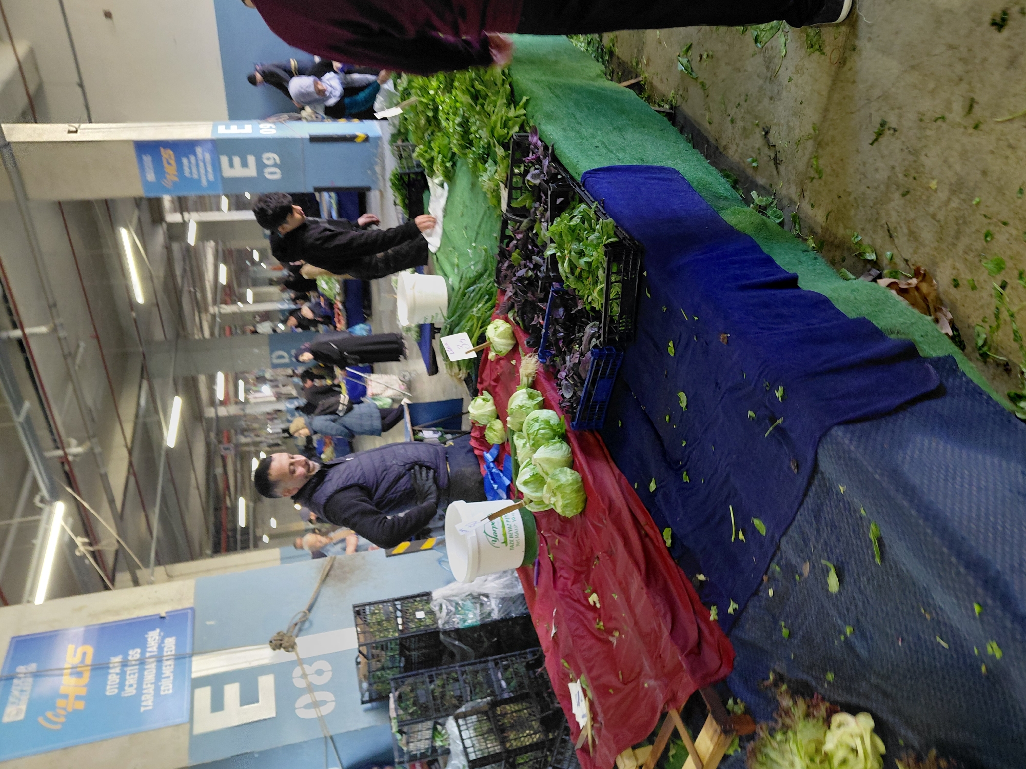 This media file captures a vibrant scene at an indoor market in Üsküdar, Turkey, likely a produce section. The image, taken from a slightly elevated and tilted perspective, focuses on a market stall laden with fresh leafy green vegetables.
Several individuals are present, indicating a busy atmosphere. In the foreground, a person's legs and lower torso are visible, suggesting they are standing near the stall. Closer to the center, a man wearing a dark blue puffer vest and a dark long-sleeved shirt looks towards the camera, possibly a vendor or a customer. Further down the aisle, other shoppers and market personnel can be seen, some attending to other stalls, others browsing.
The market stall itself is covered with blue and red fabric or tarps, over which green artificial turf is laid to display the produce. Piles of fresh lettuce, basil, and other leafy greens are neatly arranged in crates and directly on the stall surface. A white bucket with a label is visible next to a pile of lettuce. Loose green leaves are scattered on the floor and stall, suggesting active sales and handling of the produce.
Notable visible text includes a blue sign on a concrete pillar displaying "CCHUS OTOPARK ÜCRETİ GS TARAFINDAN TAHSİL EDİLMEKTEDİR," which translates to "CCHUS PARKING FEE IS COLLECTED BY GS." Another part of the sign shows "NCS" and "E 09 09," likely indicating a section and stall number within the market. On the white bucket, the text "Yarpe TAZE BEYAZ PEYN Net Miktarı 10" is visible, which means "Yarpe FRESH WHITE CHEESE Net Quantity 10," suggesting the market may sell dairy products or the bucket is repurposed. The indoor setting features fluorescent lighting on the ceiling, making the time of day indeterminate.