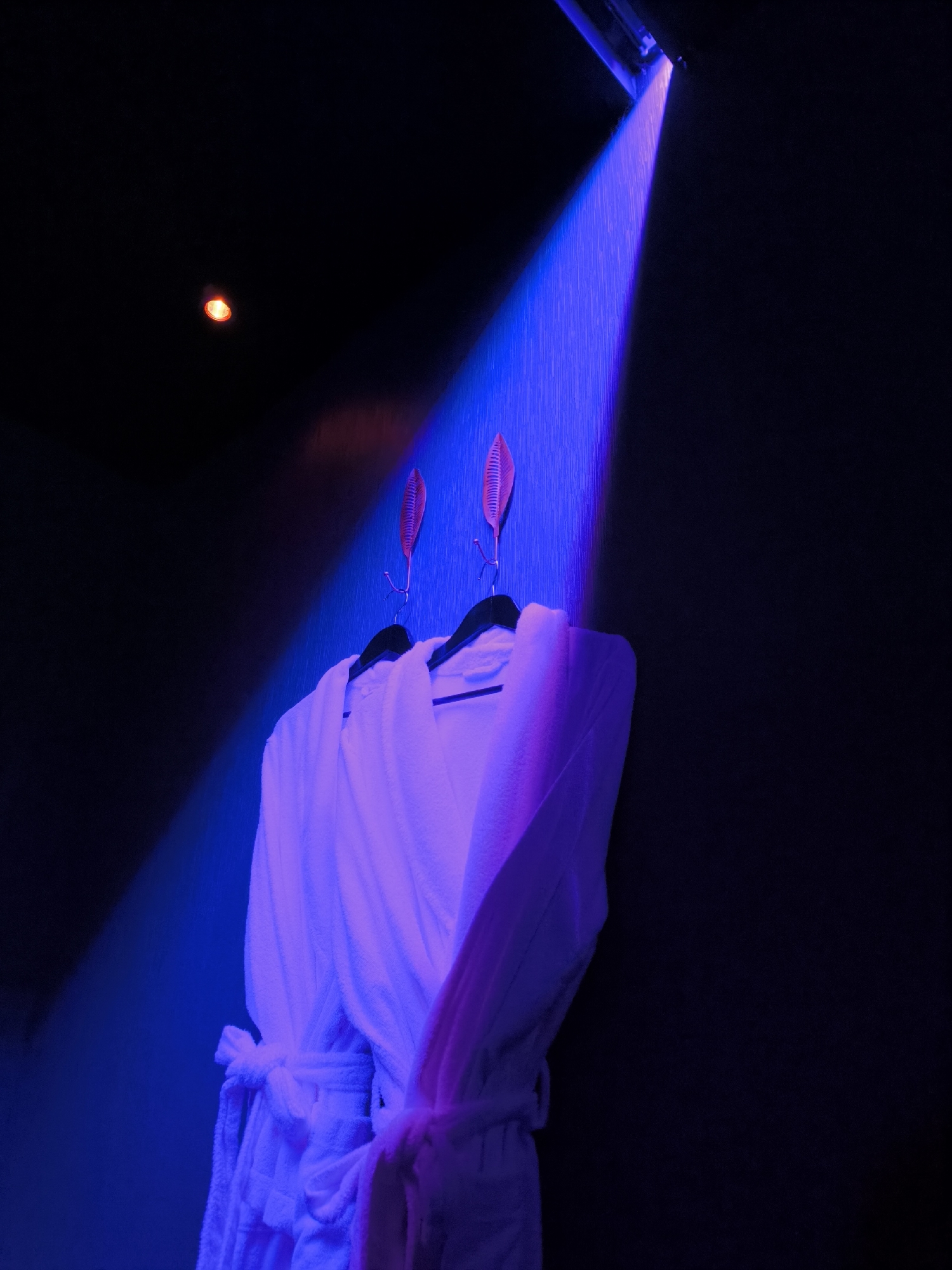 The image depicts a dimly lit room, possibly a spa or relaxation area. Two white bathrobes hang on hangers against a dark wall, illuminated by a blue light source emanating from above. A small red light is visible in the upper left corner of the frame. There are decorations that look like leaves on the wall, above the hangers. The overall atmosphere is dark and mysterious. There is no indication in the image that shows that this room is located in Moscow, Russia.