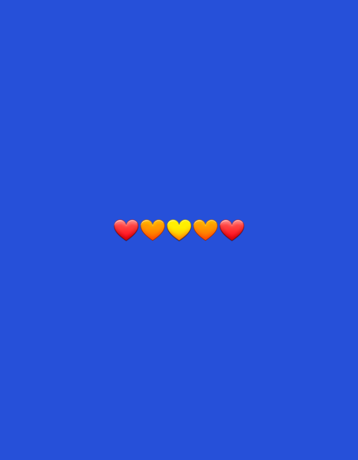 Five emoji hearts are arranged in a line against a solid blue background. From left to right, the colors of the hearts are red, orange, yellow, orange, and red.