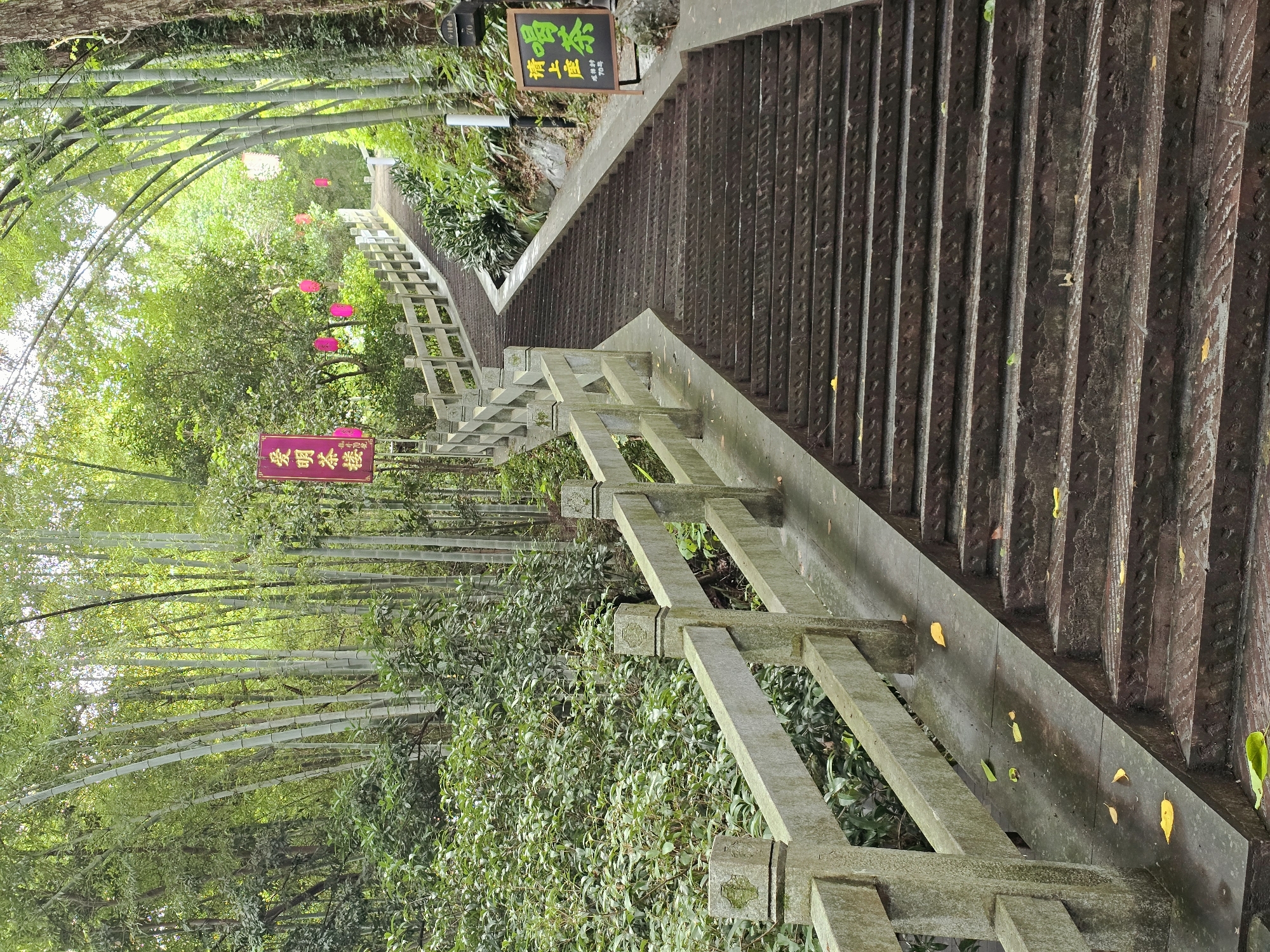 In Xihu District, China, a long, steep staircase constructed with dark, metallic treads and stone railings ascends a lush green hillside. The staircase is flanked on the left by dense foliage and bamboo stalks, with a stone barrier running alongside it. On the right, more greenery and bamboo trees arch overhead, creating a natural canopy. Several pink lanterns are suspended from the branches, and a red banner with Chinese characters hangs on a pole near the beginning of the stairs. Further up the stairs on the right, a black chalkboard sign with green Chinese characters is visible. Fallen yellow leaves are scattered on the stone walkway and the stairs. The scene depicts an outdoor staircase in a verdant, possibly park-like, environment.