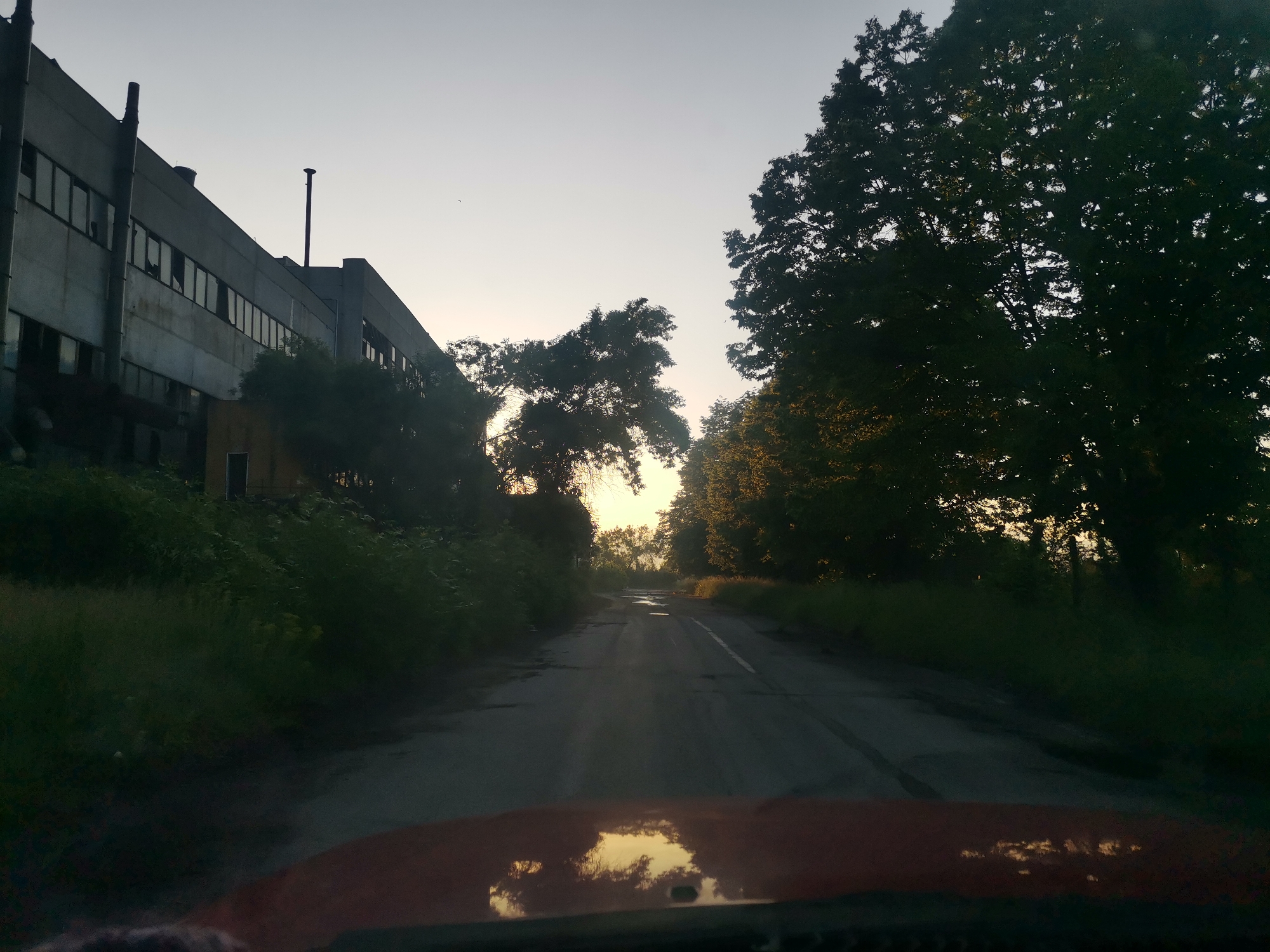 The image captures a road scene at either sunrise or sunset, viewed from the perspective of a vehicle. On the left, a long, multi-story industrial building with a concrete facade and numerous windows, many appearing broken or open, stretches along the roadside. Several pipes or ventilation shafts protrude from its roof. The building's appearance suggests disuse or age.
On the right side, dense trees and overgrown vegetation flank the road, creating a natural barrier. The light from the low sun, visible as a golden glow at the horizon further down the road, filters through the foliage, casting long shadows and silhouetting the trees. The road itself is unpaved or in disrepair, showing cracks, potholes, and several puddles that reflect the bright sky and trees. A faint, broken white line runs along the right edge of the road.
The foreground reveals the curved hood of a red or orange vehicle, with reflections of the sky and surrounding trees. The overall mood is quiet and atmospheric, highlighting the transition of light at the beginning or end of the day. No people or visible text are present in the image. The setting is Zhivkovo, Bulgaria.