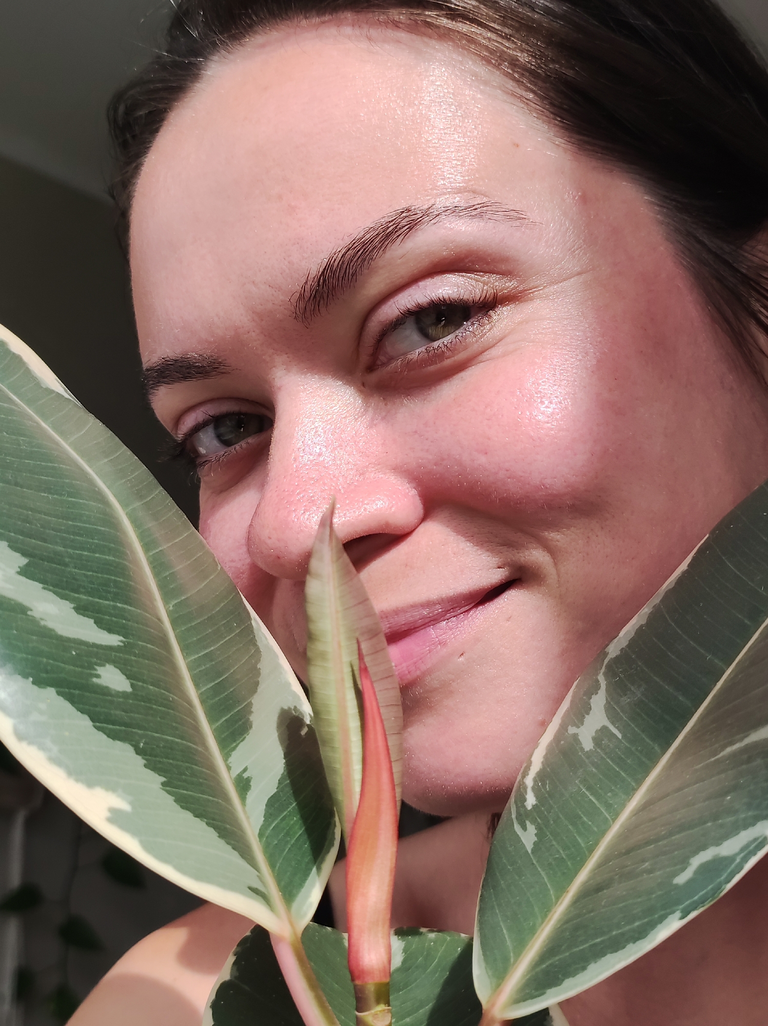 A close-up portrait features a woman with fair skin and dark hair, seen interacting with a variegated plant, likely indoors in Chaikovsky, Russia. She looks directly at the viewer with a gentle, engaging smile, her green eyes prominent. Her cheeks are rosy, and her skin shows subtle highlights from what appears to be natural light, possibly from a window to her left.
Two large leaves from the plant are prominent in the foreground and midground. On the left, a mature leaf displays a striking variegation of dark green, lighter green, and creamy white along its edges. To the right of the woman's nose, a newer, unfurling leaf or bud is visible, characterized by its soft reddish-pink color. The plant's leaves partially frame the woman's face, creating an intimate connection between her and nature.
The background is softly blurred and dark, suggesting an indoor setting. The time of day appears to be daytime, given the natural light illuminating the scene. The woman's expression conveys a sense of warmth and serenity. There is no visible text.
