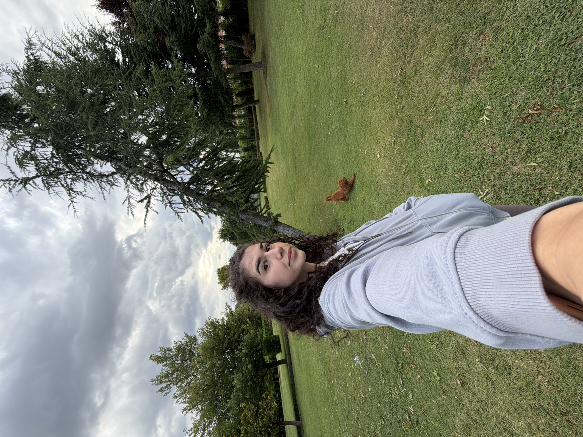 A young woman with curly dark hair, wearing a light blue hoodie, is taking a selfie outdoors in a park. She is looking towards the camera with a neutral expression. Behind her, a small, reddish-brown dog is playing on the green grass. The park features several mature trees, some with dense foliage and others that appear more sparse and aged. The ground is covered in grass with scattered fallen leaves. The sky is overcast with heavy grey clouds. The image appears to have been taken in Kazanlak, Bulgaria.