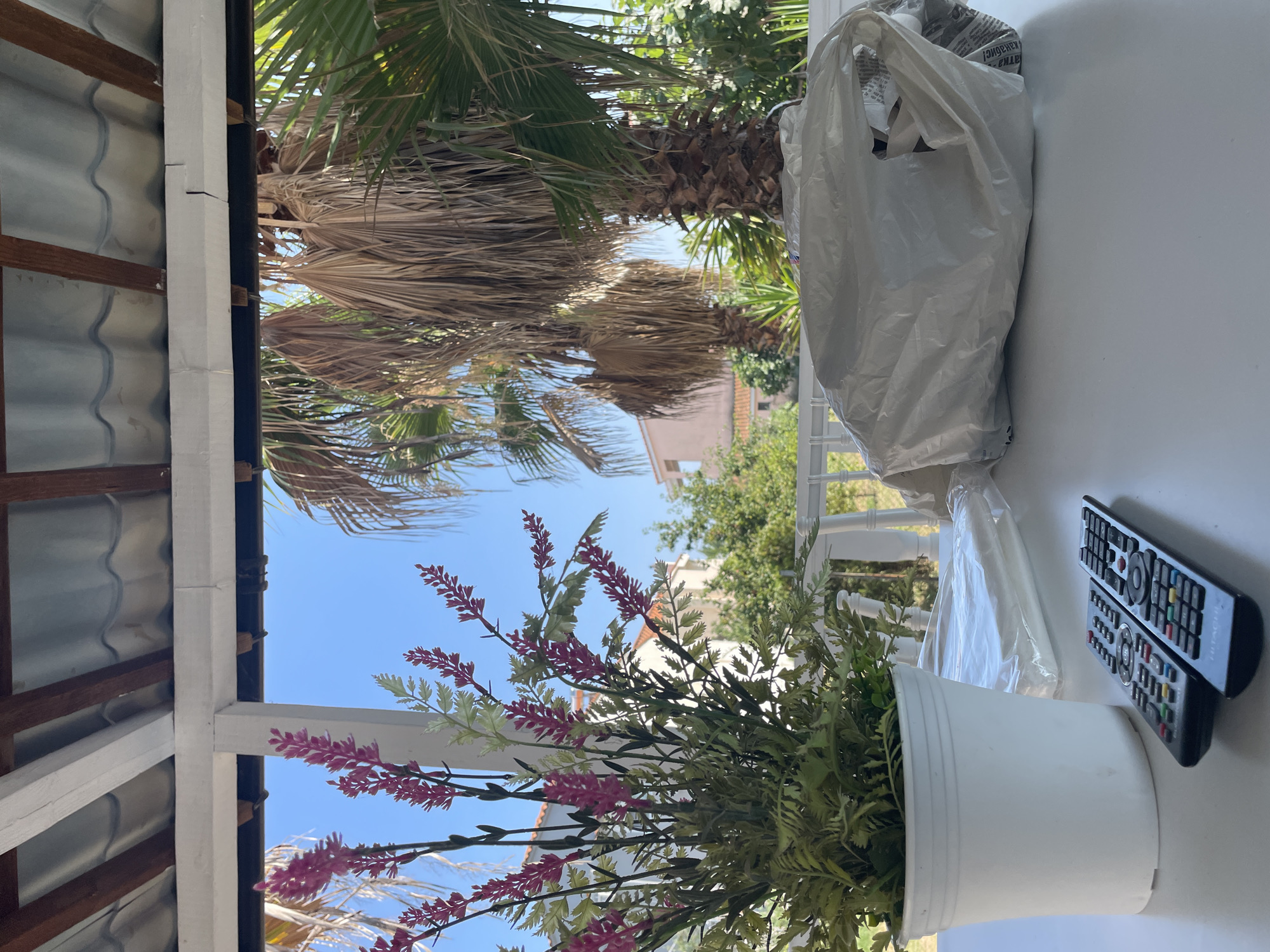 In Skala Avdiron, Greece, an outdoor table under a white-paneled roof with visible wooden rafters and gray corrugated roofing displays a white potted plant with pink and green artificial flowers on the left. To the right of the plant is a white plastic bag, partially filled with what appears to be crumpled newspaper and other items, and further right, a stack of flat white objects, possibly plastic sheeting, is partially obscured by the bag. Two remote controls, one black and one black with a silver rim, lie on the table in front of the plant and plastic bag. The background reveals a clear blue sky, palm trees, lush green foliage, and the facade of a building.