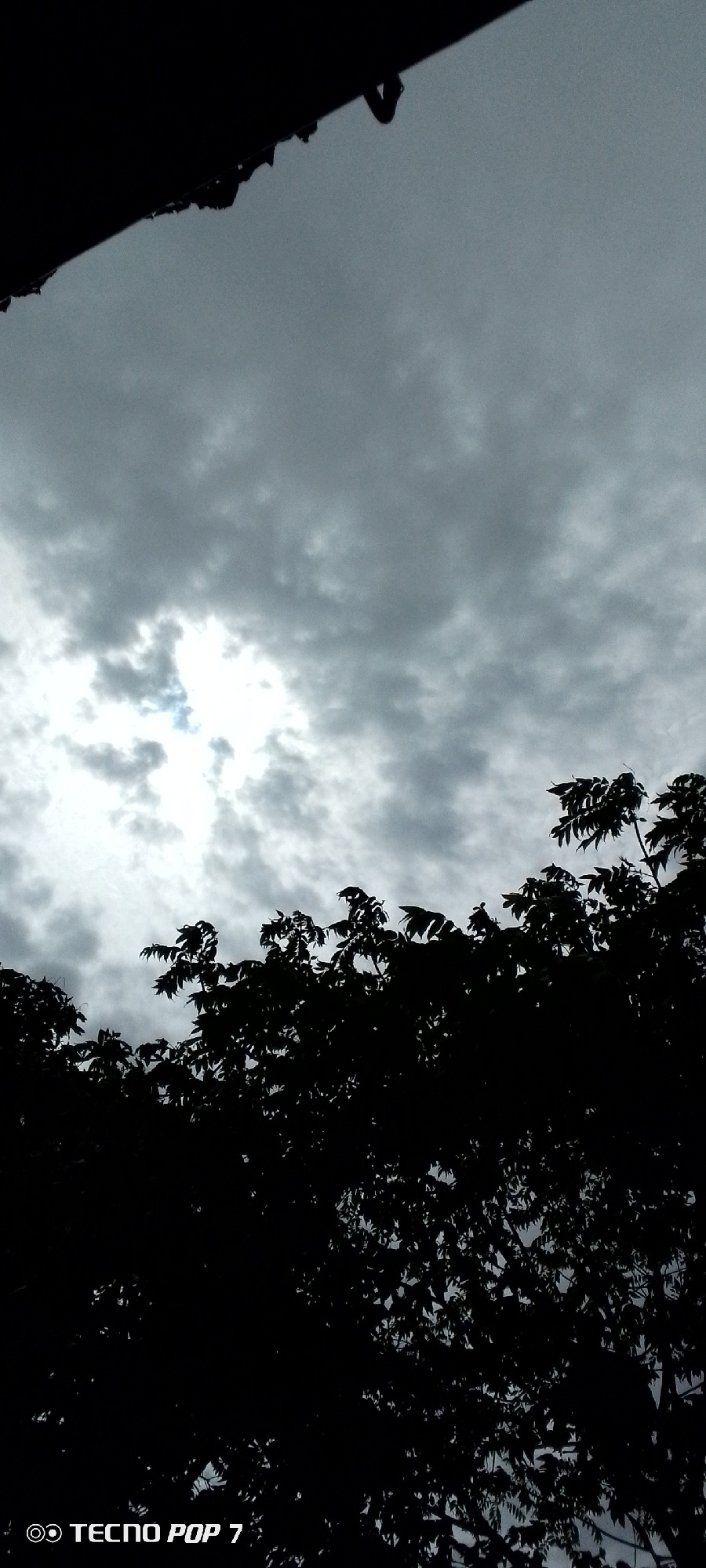 A silhouette of dense foliage crowns the bottom half of the frame against a dramatic, overcast sky. The sky is a turbulent expanse of dark gray clouds, with a bright patch of diffused sunlight breaking through near the upper left quadrant, casting a faint blue hue. The leaves of the trees are rendered as solid black shapes, obscuring any details within them. Along the top edge of the image, a dark, angled structure with irregular, dripping edges is visible, suggesting an overhang or roofline. The bottom right corner of the image contains a watermark that reads "TECNO POP 7." The scene conveys a somber, possibly pre-storm atmosphere. The location within Altagracia, Venezuela, is not visually discernible from the image content itself.