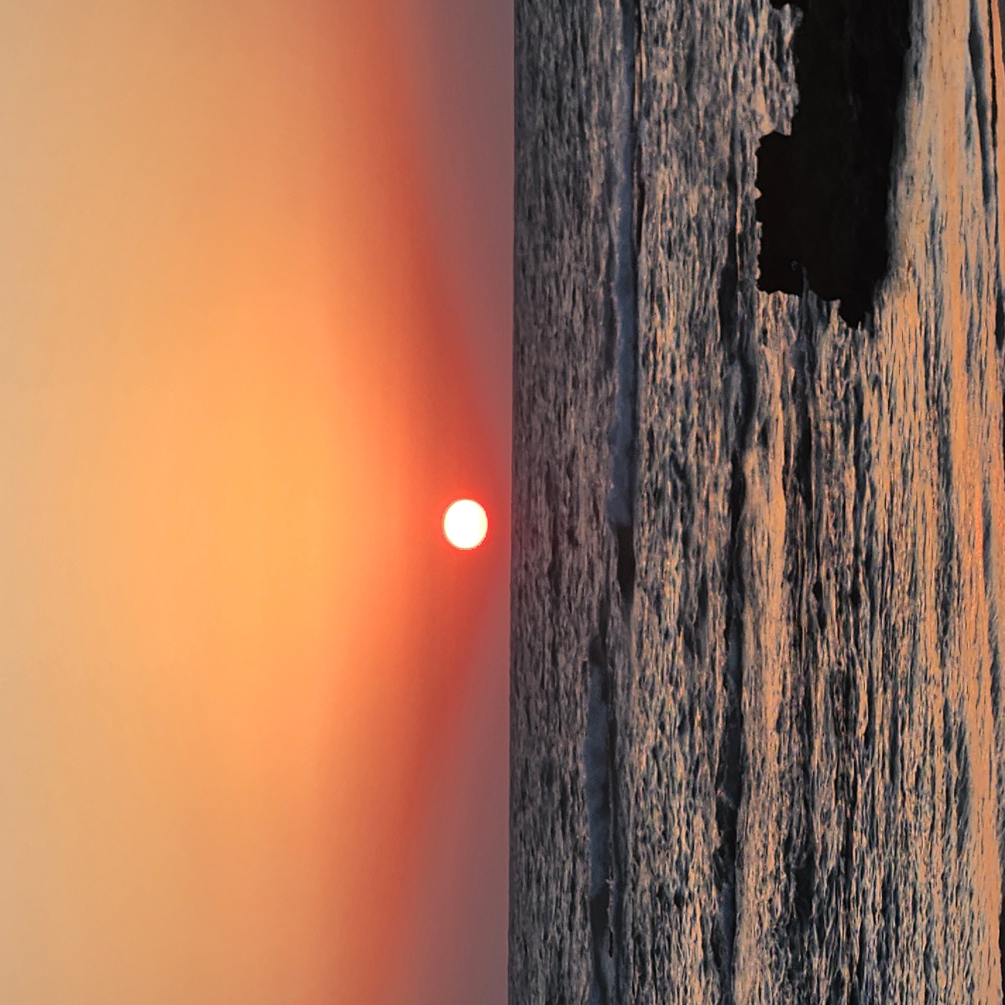 The image depicts a serene sunset over the Mediterranean Sea, likely near Mikhmoret, Israel. The sun, a bright white orb, is positioned slightly off-center in the horizon, casting a warm orange and red glow across the sky and reflecting on the water. The sea is calm, with gentle waves rolling in, their crests catching the fading sunlight. A dark, jagged rock formation is visible in the lower right corner of the frame, partially submerged by the water. The sky transitions from a pale orange at the top to a deeper red near the horizon, creating a peaceful and atmospheric scene. There are no people or specific landmarks to indicate the exact location within Mikhmoret, but the elements of the scene are characteristic of a coastal sunset.