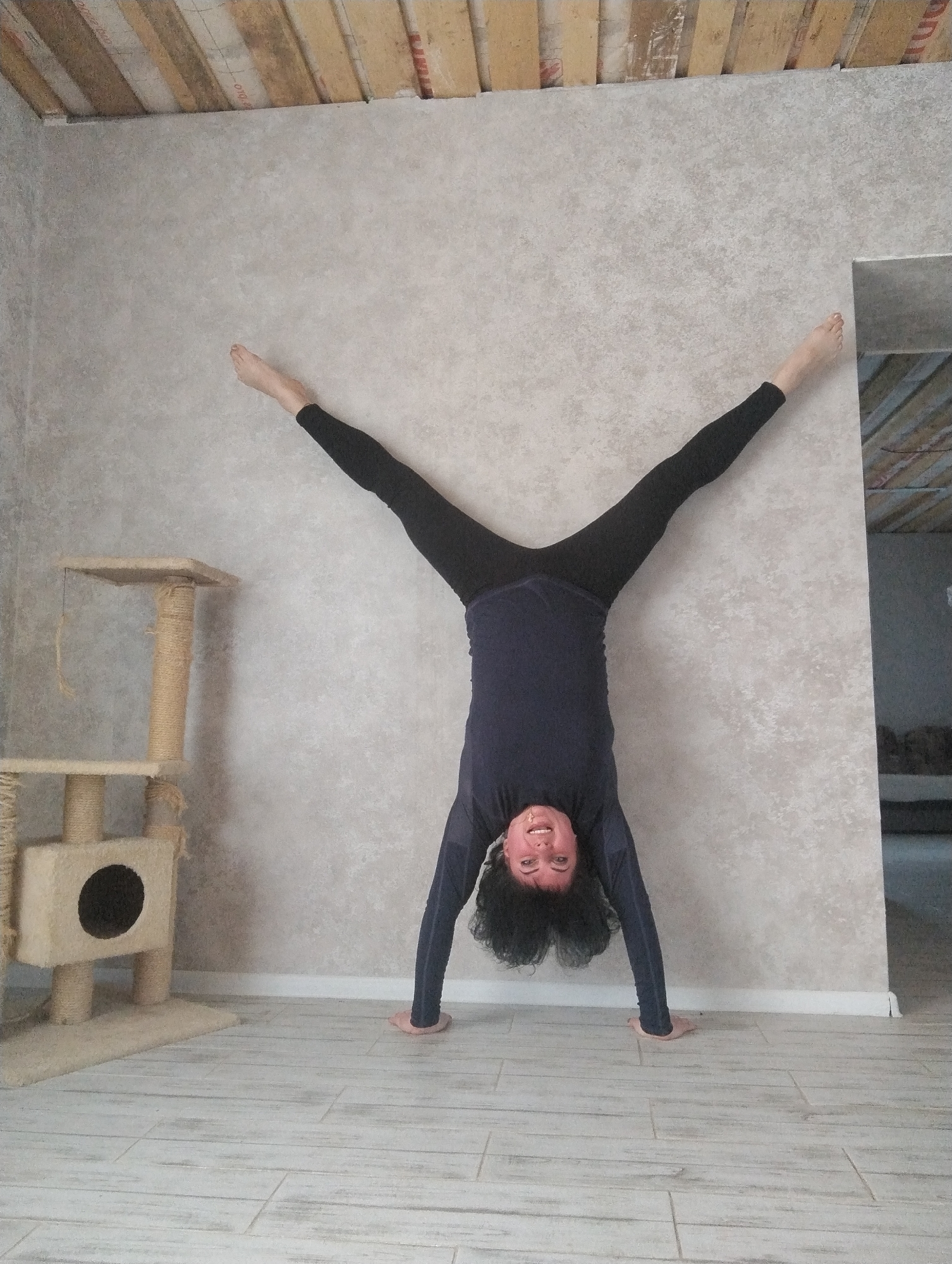A woman is performing a handstand in a room. She is wearing dark-colored leggings and a long-sleeved shirt. Her legs are spread in a V-shape, touching a wall behind her. The room has light-colored walls and a tiled floor that appears to be made of light-colored wood. A cat tree is visible to the left of the woman, and a doorway is visible in the background to the right. The location is in the city of Grishanki, Russia.