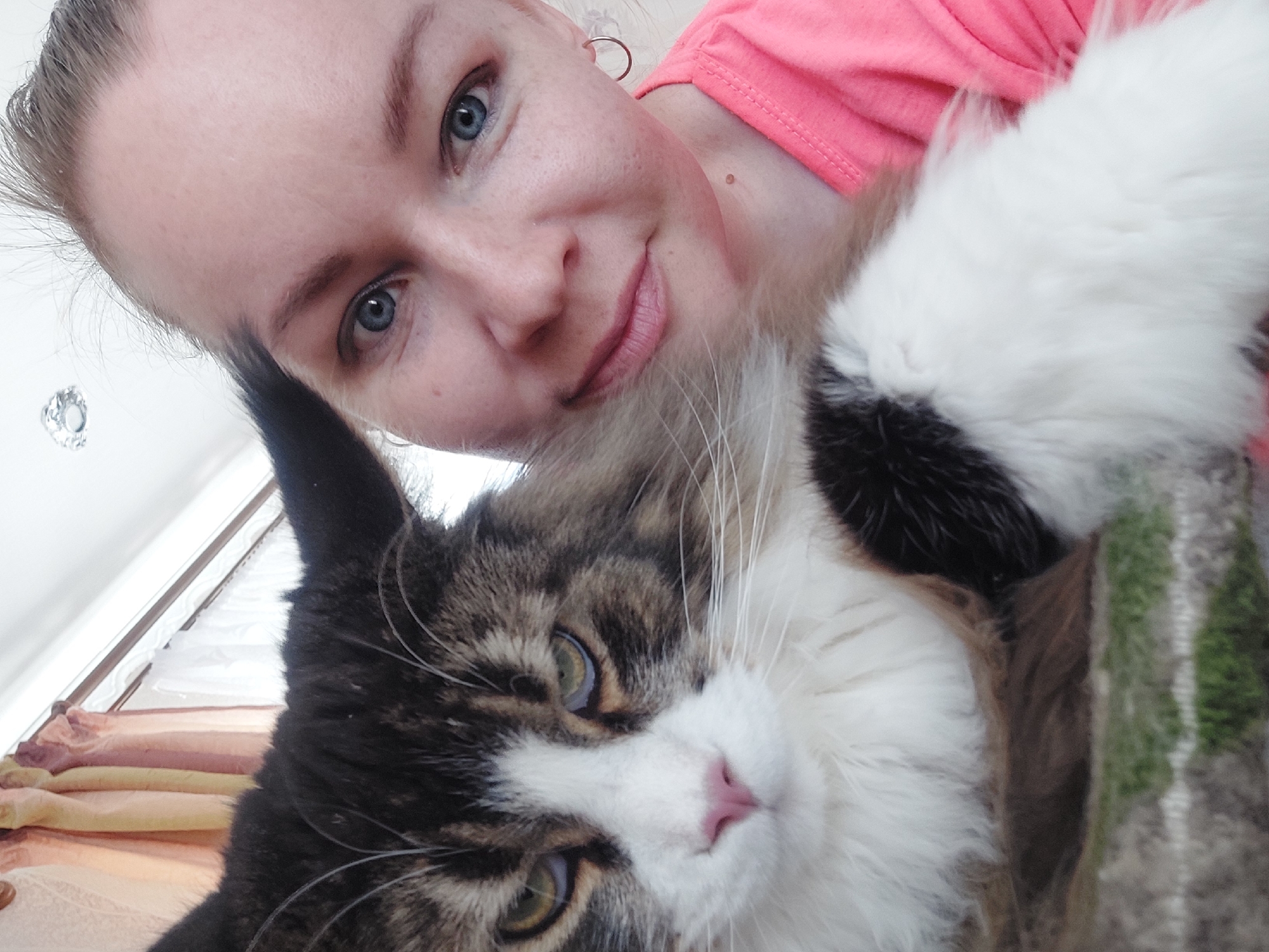 A selfie shows a fair-skinned woman with blue eyes, minimal makeup, and a pink shirt posing closely with a brown and white cat. The cat is the larger subject, with its face near the bottom center. It has green eyes and long white whiskers. The background is nondescript, showing parts of a room with a curtain. The image was taken in Большой Букор, Russia.