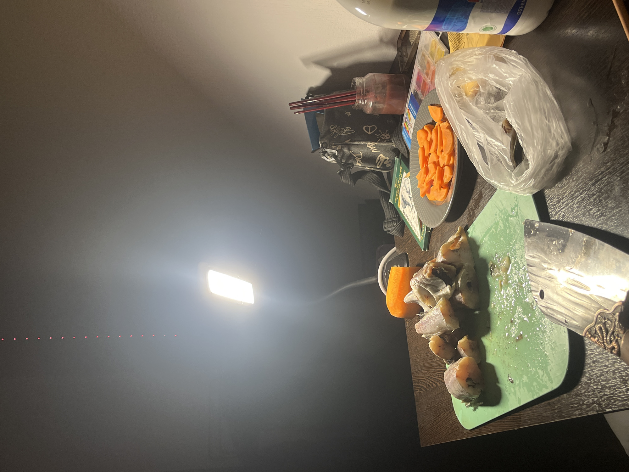 The image captures an indoor scene, likely a kitchen or work area, illuminated by a single, powerful rectangular LED light source on the left, casting strong shadows and highlighting objects on a dark wooden surface. The time of day appears to be night, given the reliance on artificial lighting in an otherwise dark environment.
The main focus is on food preparation. A bright green cutting board holds several pieces of raw, segmented fish, possibly pollock or a similar whitefish. A large, ornate cleaver-style knife rests on the board beside the fish. To the right of the cutting board, a grey plate is filled with uniformly cut carrot sticks or slices. A clear plastic bag, seemingly containing more ingredients, is situated near the plate. A white bottle, marked "0.9L" and with visible Cyrillic text (suggesting "МОЛОКО" or milk), stands further back.
In the background, to the left of the food items, a glass jar holds several red-handled paintbrushes, indicating the space might also be used for artistic activities. Adjacent to this, a grey fabric bag features the text "Gigi B" along with small, playful designs of hearts, stars, and animals. Various other items, including what appears to be packaging or a book with Cyrillic text, are scattered on the surface.
A particularly notable detail is a distinct horizontal line of evenly spaced, small red dots extending across the dark wall in the mid-ground, originating from an unseen laser device, possibly a laser level. This detail adds an unexpected element to the domestic scene. The visible Cyrillic text on several items is consistent with the provided location context of Saint Petersburg, Russia.