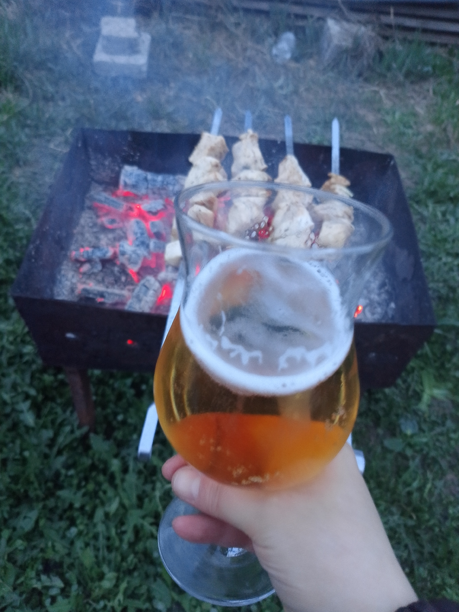 A person holds a glass of beer in the foreground, with a barbecue grill and skewers with pieces of meat in the background. The grill has glowing embers. The setting appears to be an outdoor grassy area, possibly in Прикамский, Russia.