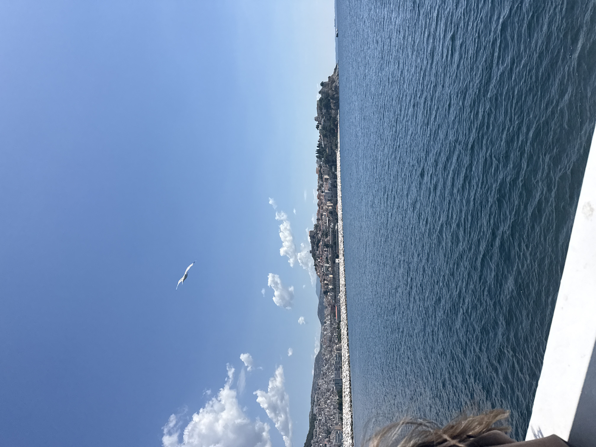 The image shows a body of water in front of a city built on a hillside, identified as Kavala, Greece. The city has a dense collection of buildings with red-tiled roofs, and a prominent structure, possibly a fortress or castle, is visible on the highest point of the hill. A breakwater made of large white rocks extends along the coastline. The sky is blue with scattered white clouds. A single seagull is in flight in the upper left quadrant of the image. Part of a person's shoulder and hair is visible in the lower left corner, suggesting the photo was taken from a boat or elevated vantage point looking out towards the city.
