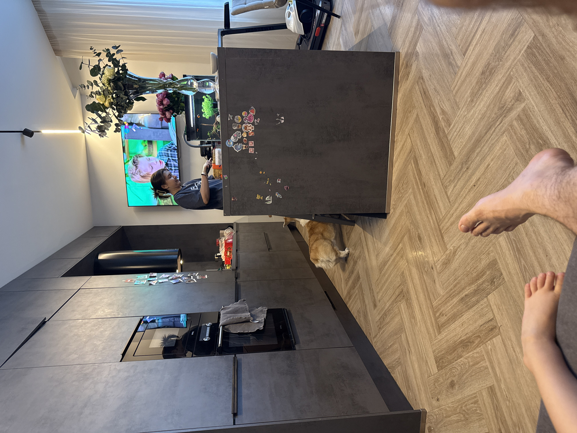 A person stands in a kitchen with modern gray cabinets, near a kitchen island adorned with a vase of flowers and magnets. A dog lies under the island. A television in the background displays a show. To the right are the bare feet of an adult and a child. The scene appears to be inside a private residence. It is not possible to determine from the image that the location is Krasnoyarsk, Russia.