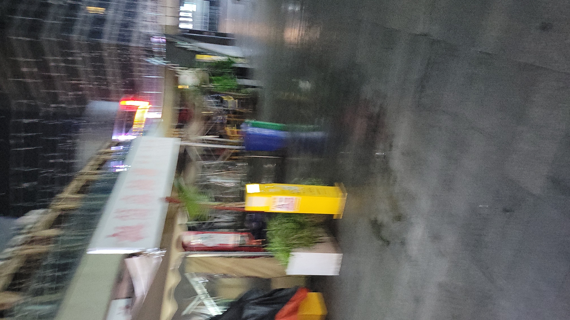 The image shows an urban scene, possibly in Jiulongpo District, China, although the exact location cannot be definitively determined from the image alone. The presence of signs with Chinese characters suggests a location in China.
The image is blurry, but there are some discernible objects. The scene appears to be a street with a sidewalk. There are some vendor stalls or shops along the sidewalk, with plant containers, signs, and other objects. Also there are some colorful trash containers. The background shows buildings, some with lights and signs. The image suggests a commercial area with street-level businesses and urban infrastructure.