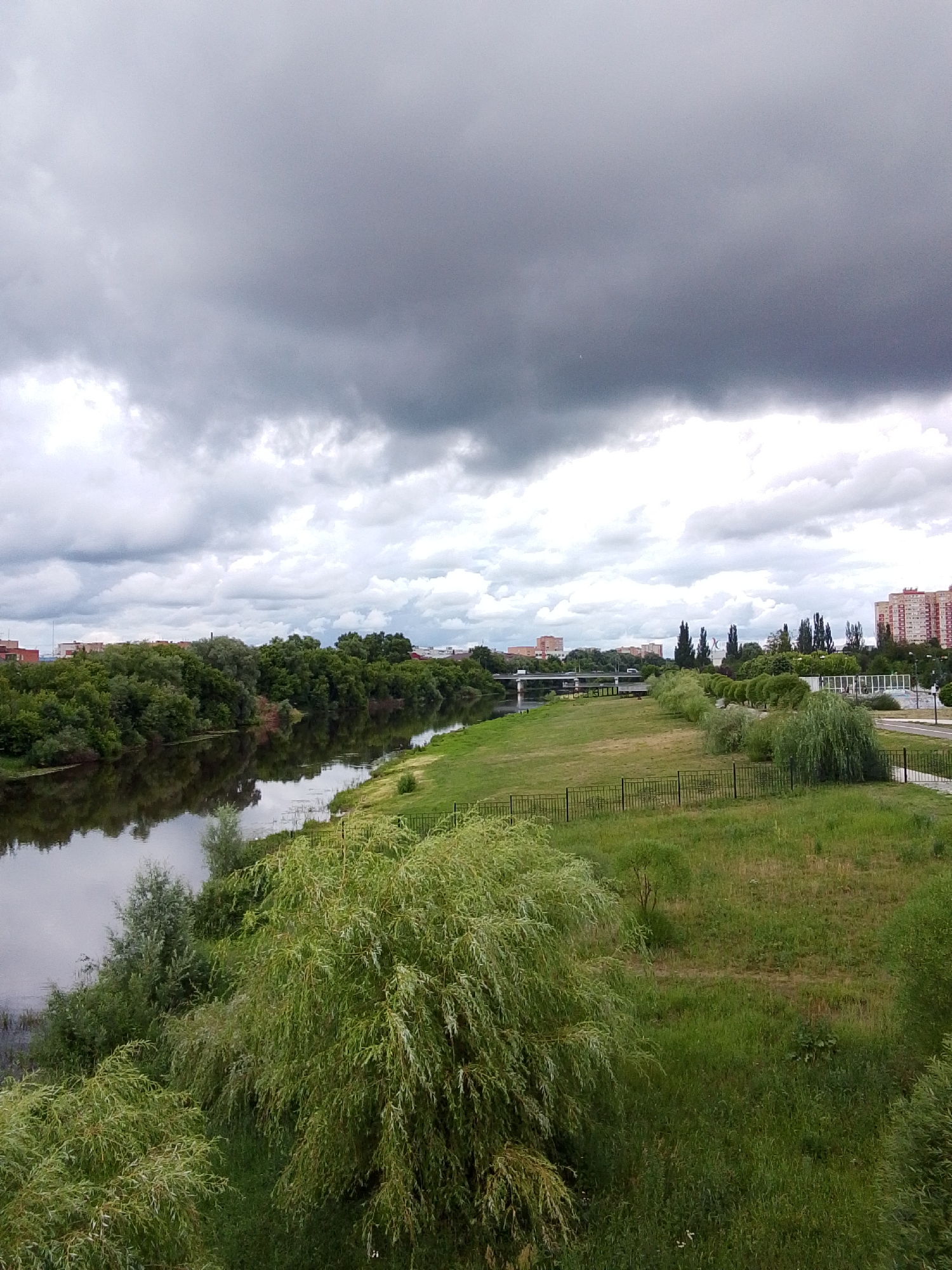 This is a photograph of a river flowing through a city with a cloudy sky overhead. The river is wide and calm, reflecting the lush green trees that line its banks. In the background, several buildings of varying heights can be seen, some with modern architecture and others appearing older. The sky is filled with heavy, dark clouds, suggesting an impending storm or overcast weather. The overall mood of the image is somber due to the dark sky, but the vibrant greenery of the trees provides a contrast, hinting at life and nature amidst the urban environment. The time of day appears to be daytime, likely late afternoon or early evening given the dim lighting. There is a bridge visible in the distance, spanning the river and connecting parts of the city. The scene depicts a typical urban landscape with a prominent natural feature. No people are visible in the image, and there is no visible text.