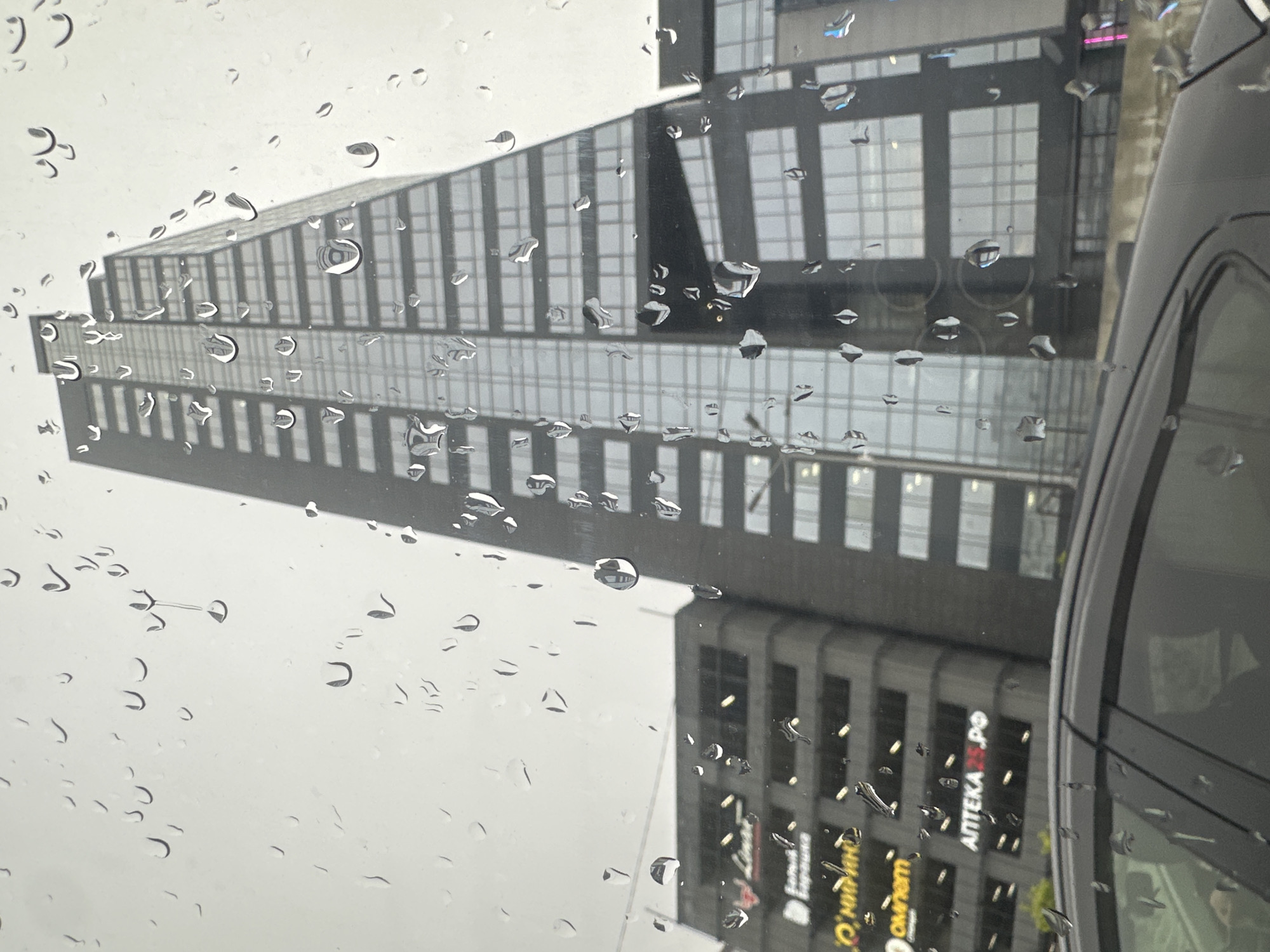 The image shows a view through a rain-streaked window of modern city architecture in Vladivostok, Russia. The primary focus is a sleek, contemporary skyscraper with a distinctive angled design, its glass facade reflecting the overcast sky. To the left, another multi-story building is visible, featuring signage for businesses such as "АПТЕКА 25.РФ" (Pharmacy 25.RF), "omnom.net", and another partially obscured sign. The foreground is dominated by the dark, curved hood and window frame of a car, indicating the perspective is from inside a vehicle. Raindrops distort the view of the buildings, creating a textured, almost abstract effect on the glass. The overall atmosphere is one of a damp, grey day in an urban environment.