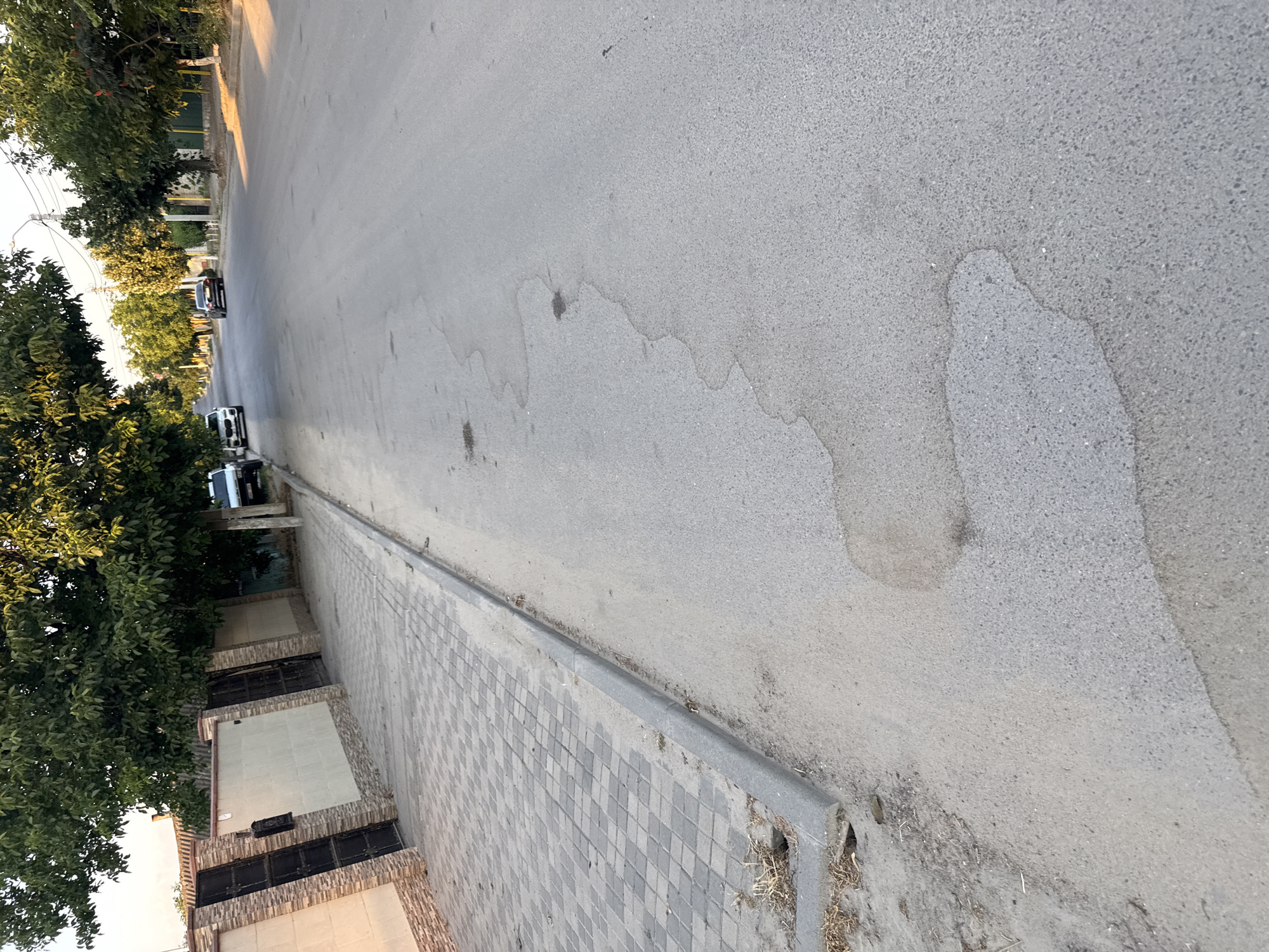 This is a photograph of a street in Cahul, Moldova, taken during the daytime. The image is oriented vertically, with the street running diagonally from the lower left to the upper right. On the left side of the street, there is a sidewalk made of grey paving stones. Adjacent to the sidewalk are buildings with a light-colored facade and darker tiled sections. Some of the buildings have what appear to be barred windows. Behind the buildings and sidewalk, there are trees with lush green foliage.
The street itself is paved with asphalt and appears somewhat damp in patches, suggesting recent rain or that it's a shaded area. There are a few cars parked or driving on the street. In the foreground of the street, a white SUV is visible, and further down the street, a black car. The time of day appears to be late afternoon or early evening, as indicated by the warm sunlight casting long shadows and illuminating the trees on the left side of the image. The weather seems clear. The overall scene depicts a quiet, residential or commercial street with signs of everyday life. There is no visible text in the image.