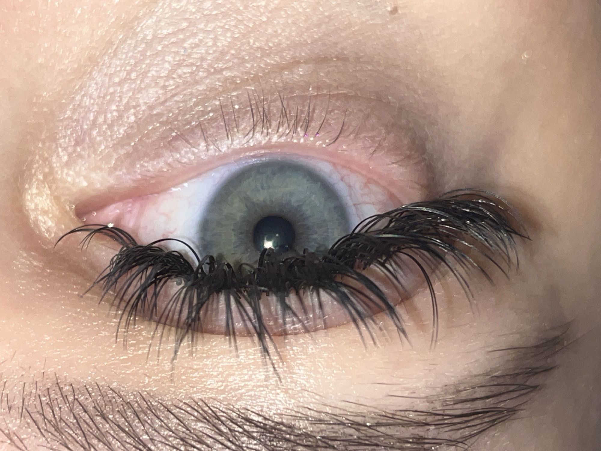 Close-up image of a human eye with artificial eyelashes. The eye has a light blue or gray iris and visible blood vessels in the sclera. Both upper and lower eyelashes are heavily augmented with dark, dense artificial lashes. The skin surrounding the eye appears pale and textured. The image is tightly cropped, focusing primarily on the eye and surrounding skin. There is no discernible information in the image to suggest any connection to Novopokrovskaya, Russia.