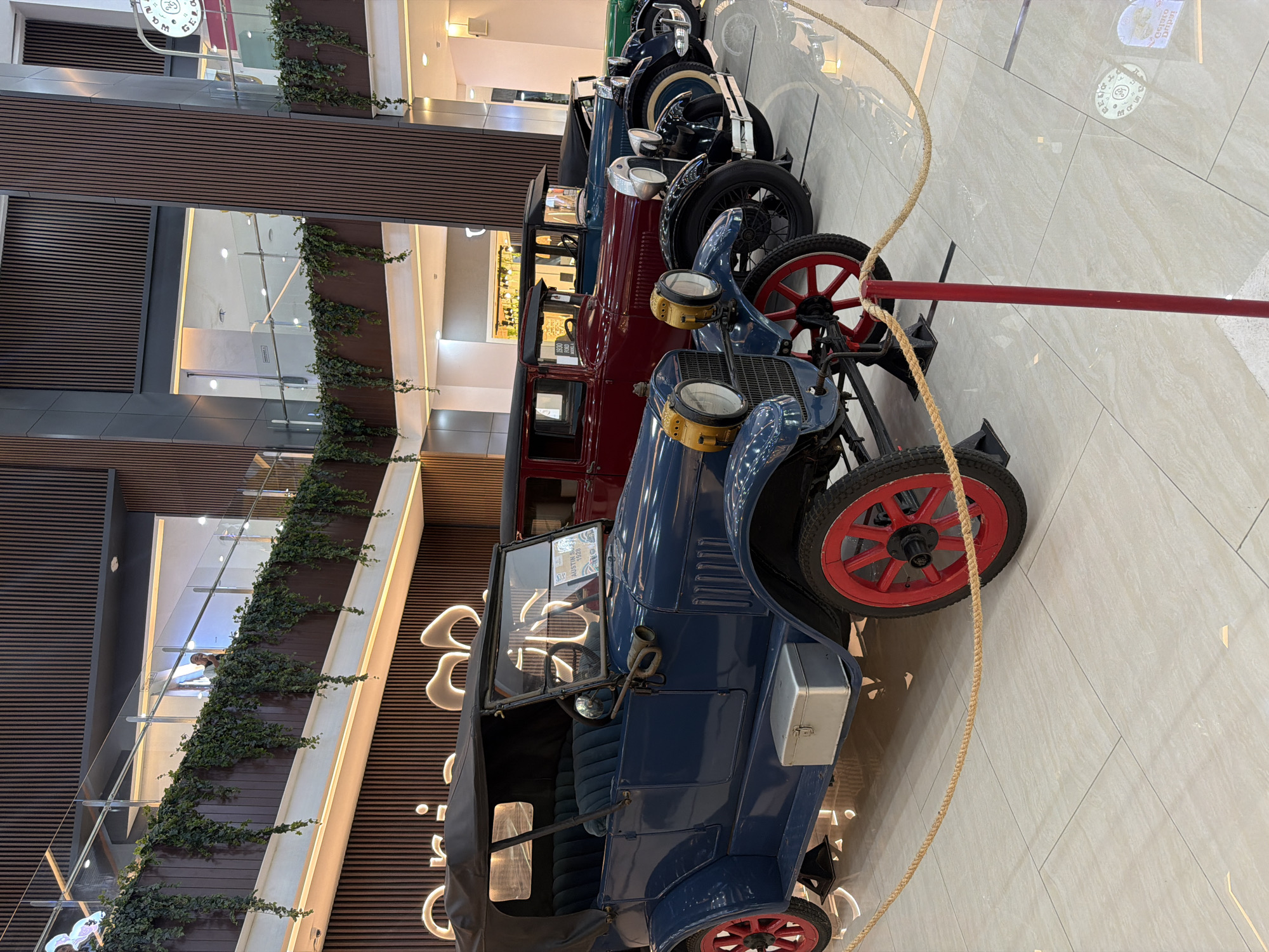 A collection of antique cars is displayed indoors, likely in a shopping mall or large public building in Kuta, Indonesia. The image is taken from a slightly elevated perspective, looking down the line of vehicles. A rope barrier, secured by a red pole, separates the cars from the polished, light-tiled floor in the foreground.
The most prominent car in the foreground is a vintage blue model with striking red spoked wheels and yellow-tinted headlights. It features a black soft top, a silver-colored box on its running board, and what appears to be a sign on its windshield. Behind it is a dark red antique car, also with spoked wheels, followed by other classic vehicles, including one that appears green further down the line. A partial view of a sign on the blue car's windshield clearly shows "AUSTIN 1928", indicating its make and year.
The background reveals a multi-level modern interior with dark, slatted wooden walls and panels contrasting with light-colored sections. Lush green ivy or similar plants cascade from planters along the upper-level railings, adding a touch of nature to the contemporary architecture. Glass barriers provide safety on the upper floors, where a person can be faintly seen. Overhead, bright artificial lighting illuminates the space. Reflections on the polished floor tiles show parts of the building and indistinct shapes. On an upper level, a circular sign is visible, displaying "WARM GELATO" and possibly "COFFEE", suggesting a cafe or dessert shop nearby. The setting appears calm and organized, suggesting the cars are part of a curated exhibition or permanent display.