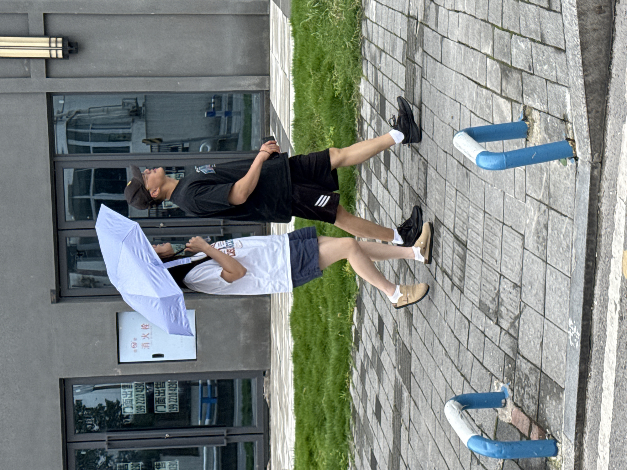 Two individuals are walking side-by-side on a paved walkway in front of a modern building with large glass doors. The person on the left, identified as a female by her clothing and hairstyle, is holding a light blue umbrella open above both of them. She is wearing a white t-shirt and dark blue shorts, and tan slip-on sandals with white socks. The person on the right, identified as a male, is wearing a black t-shirt, black shorts with white stripes, a black baseball cap, and black athletic shoes. He is looking upwards and to his right, while the female appears to be looking ahead or slightly down. The building behind them has a gray facade. A patch of green grass is visible between the walkway and the building. In the foreground, two blue and white metal posts are partially visible, suggesting a barrier or parking amenity. The paving stones are laid in a geometric pattern. The scene appears to be in Shapingba District, China, given the presence of Chinese characters on a sign on the building that reads "消防栓" (fire hydrant).