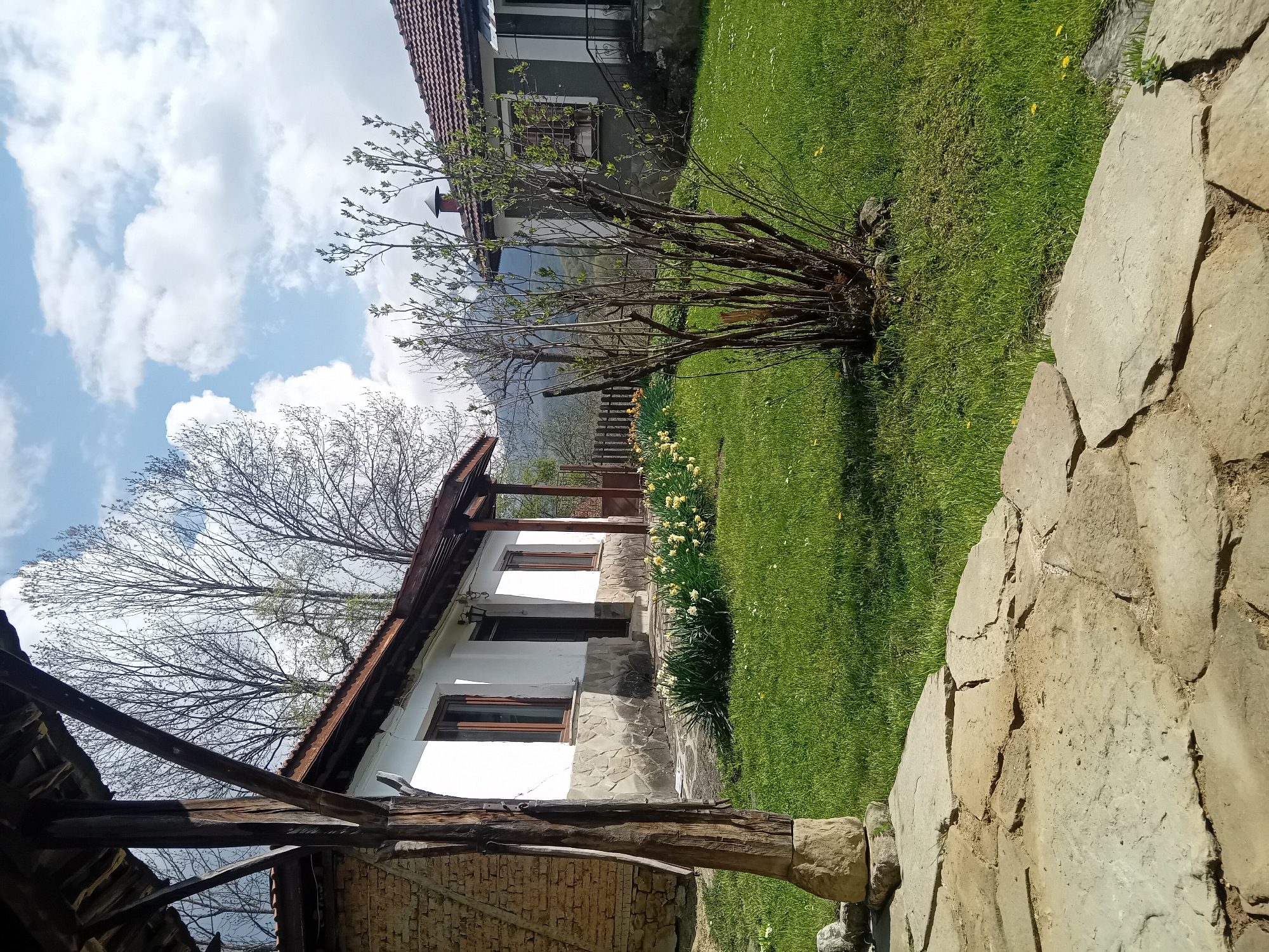 The image depicts an exterior scene, presumably in a rural or suburban environment. A single-story house with a white facade and brown window frames is visible, partially constructed with stone. A wooden support beam extends from a partially visible brick structure in the foreground. The house has a covered porch with wooden posts. A row of yellow daffodils lines the base of the house. A small tree is situated on a green lawn. In the distance, a mountain can be seen. The sky is light blue with scattered clouds. A stone wall is visible in the foreground on the right. Another house is partially visible in the background.