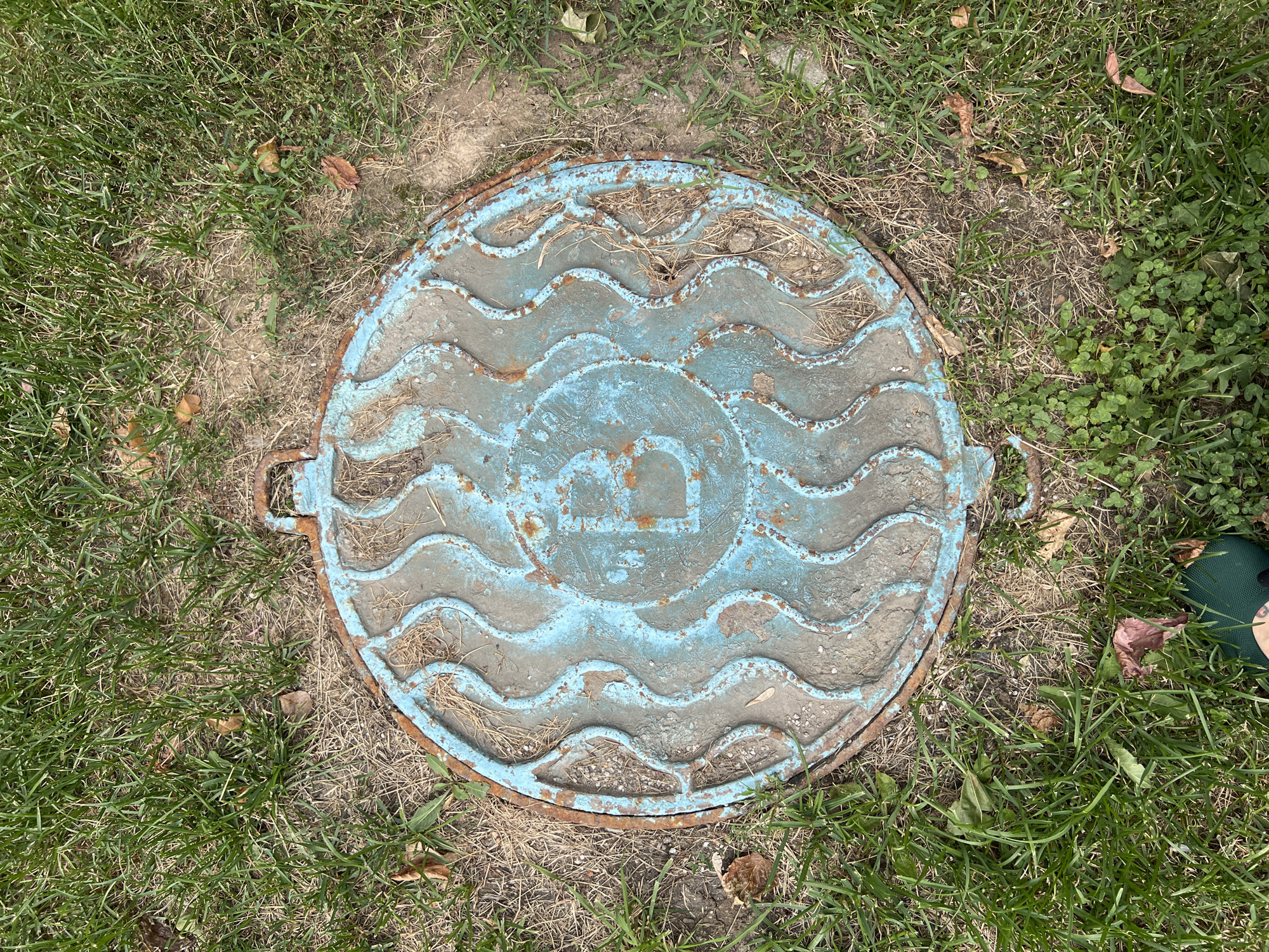 The image shows a close-up, top-down view of a round, cast-iron manhole cover embedded in a patch of grass and dirt. The manhole cover is painted a faded turquoise blue with visible rust on its edges and around the embossed design. The design features a pattern of wavy lines radiating from a central circular emblem. Inside this emblem, the letter "B" is clearly visible. The manhole cover has two small, U-shaped metal loops on opposite sides, likely for lifting. The surrounding ground is a mix of green grass, dry, yellowish grass, and bare dirt. A few fallen leaves are scattered on the ground. The scene is devoid of any human activity or interaction. The lighting suggests it is daytime. The location is not specified as Moscow, Russia, or any other specific geographic location.