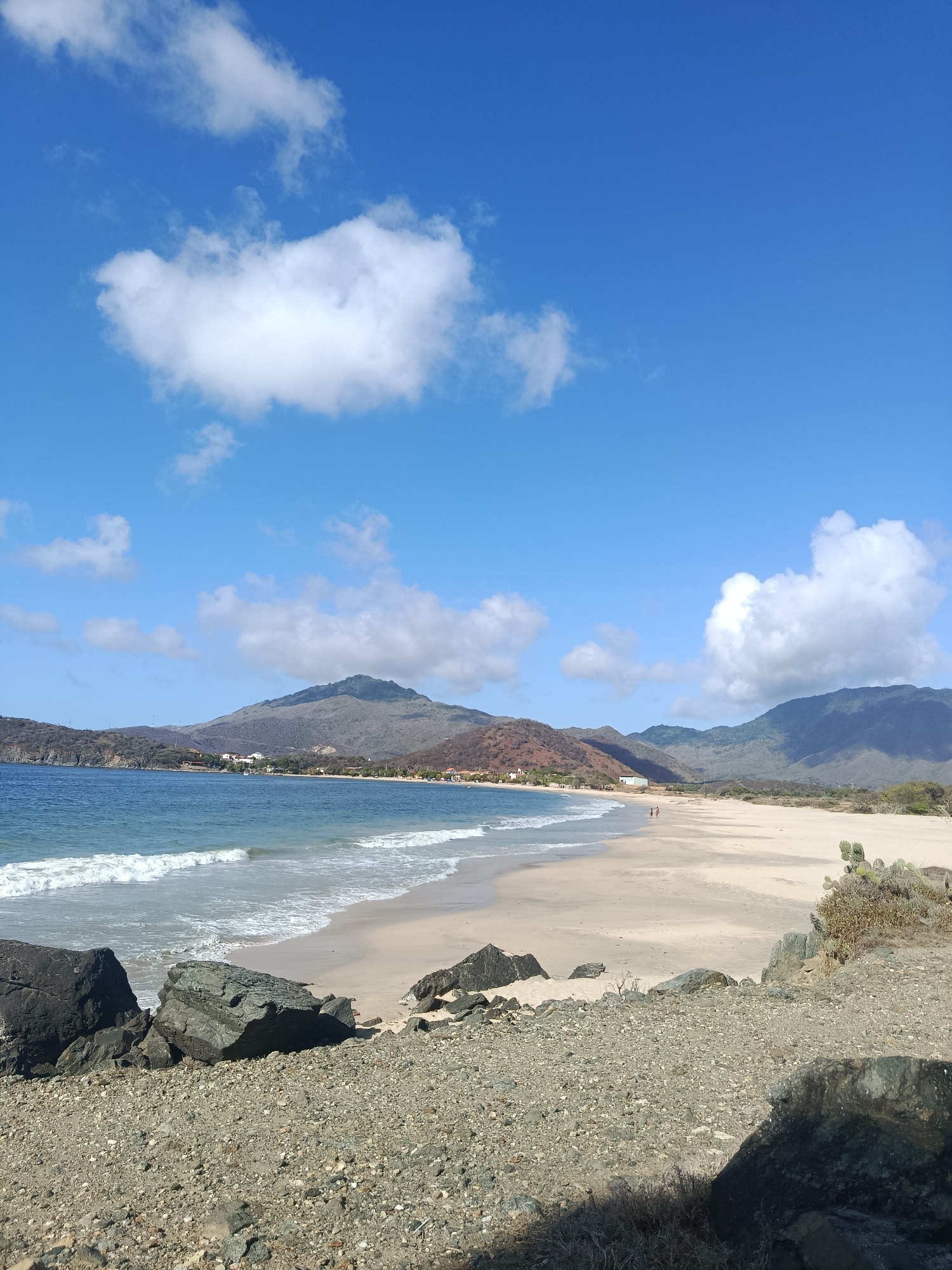 This is a vertical, eye-level, medium shot of a beach scene in Pedro González, Venezuela. The foreground is dominated by a rocky embankment covered with small pebbles, with larger dark gray rocks interspersed. A narrow strip of dry brush and grass is visible in the lower right. Beyond the embankment is a wide, light-colored sandy beach that curves to the left. Gentle, light-blue waves are breaking on the shore. The sea is a deep blue. In the distance, a range of mountains forms the backdrop, with dry, scrubby vegetation on their slopes. A small cluster of buildings, possibly houses and a church steeple, are visible on the far left side of the mountain range. The sky is a bright, clear blue, dotted with fluffy white cumulus clouds. Two small figures are walking on the beach in the middle ground. The overall impression is one of a serene, sunny day at a coastal location.