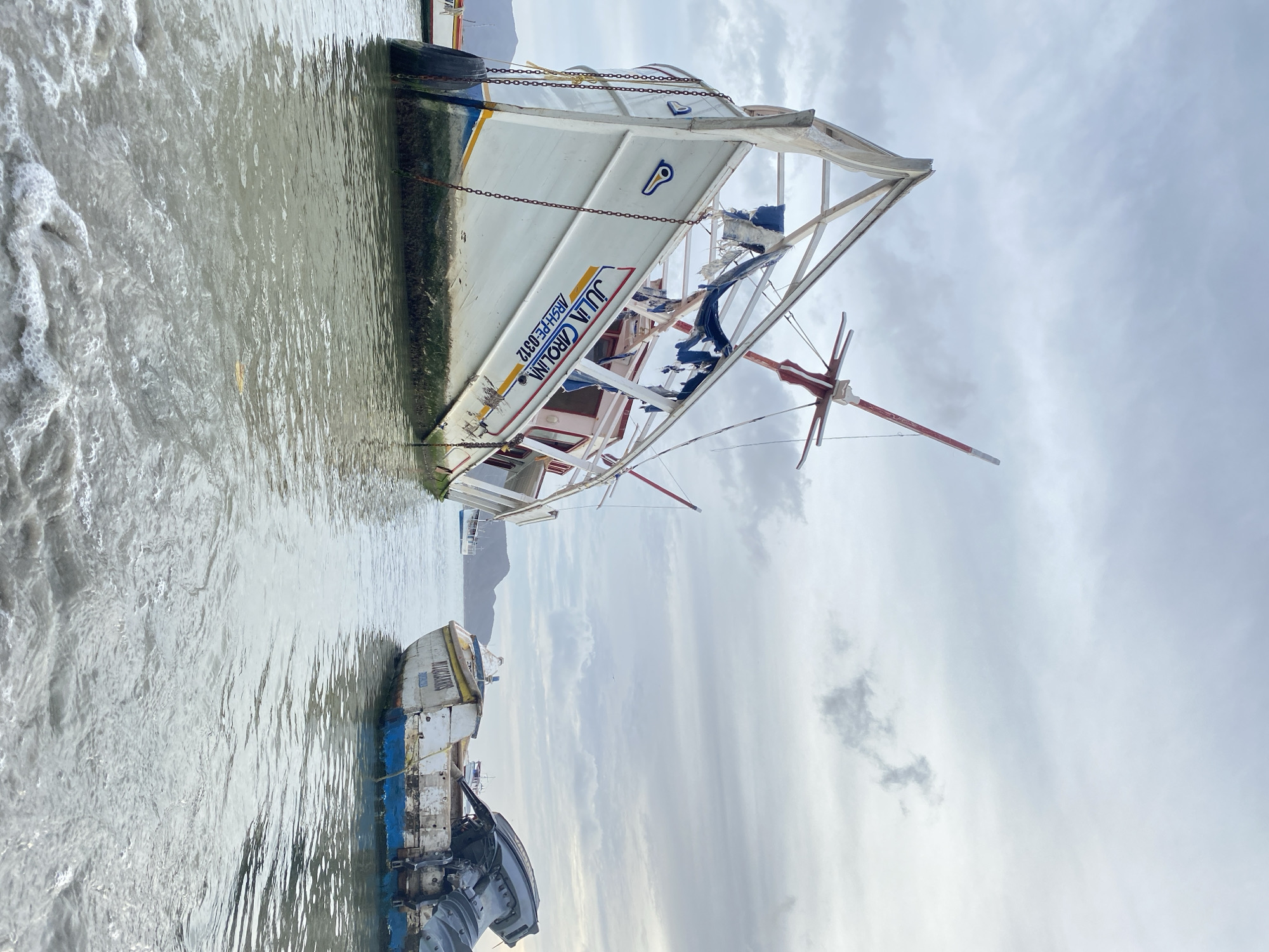 The image depicts a coastal scene in Juan Griego, Venezuela, featuring multiple derelict fishing vessels in shallow, turbid water under an overcast sky. In the left foreground, a large white wooden fishing boat, identified as "JÚLIA CAROLINA" with registration "ARCH-PE-0312," is heavily listed to its port side, resting on the shallow bottom. Its hull exhibits green marine growth below the waterline, rust streaks, and faded paint. Two dark, tire-like fenders hang from the bow, secured by chains. The vessel's upper cabin structure appears damaged, with torn blue fabric hanging, and a red and white pole-like mast extends upwards from amidships. To the right, a smaller, heavily weathered white and blue wooden boat is partially submerged, featuring a large grey outboard motor mounted vertically on its stern. Its hull displays extensive paint deterioration and faint lettering. In the background, additional boats and low-lying mountains are visible on the horizon. The water in the immediate foreground is light brown-grey, with small breaking waves forming white foam. The sky is fully overcast with stratified grey clouds. No individuals are present.