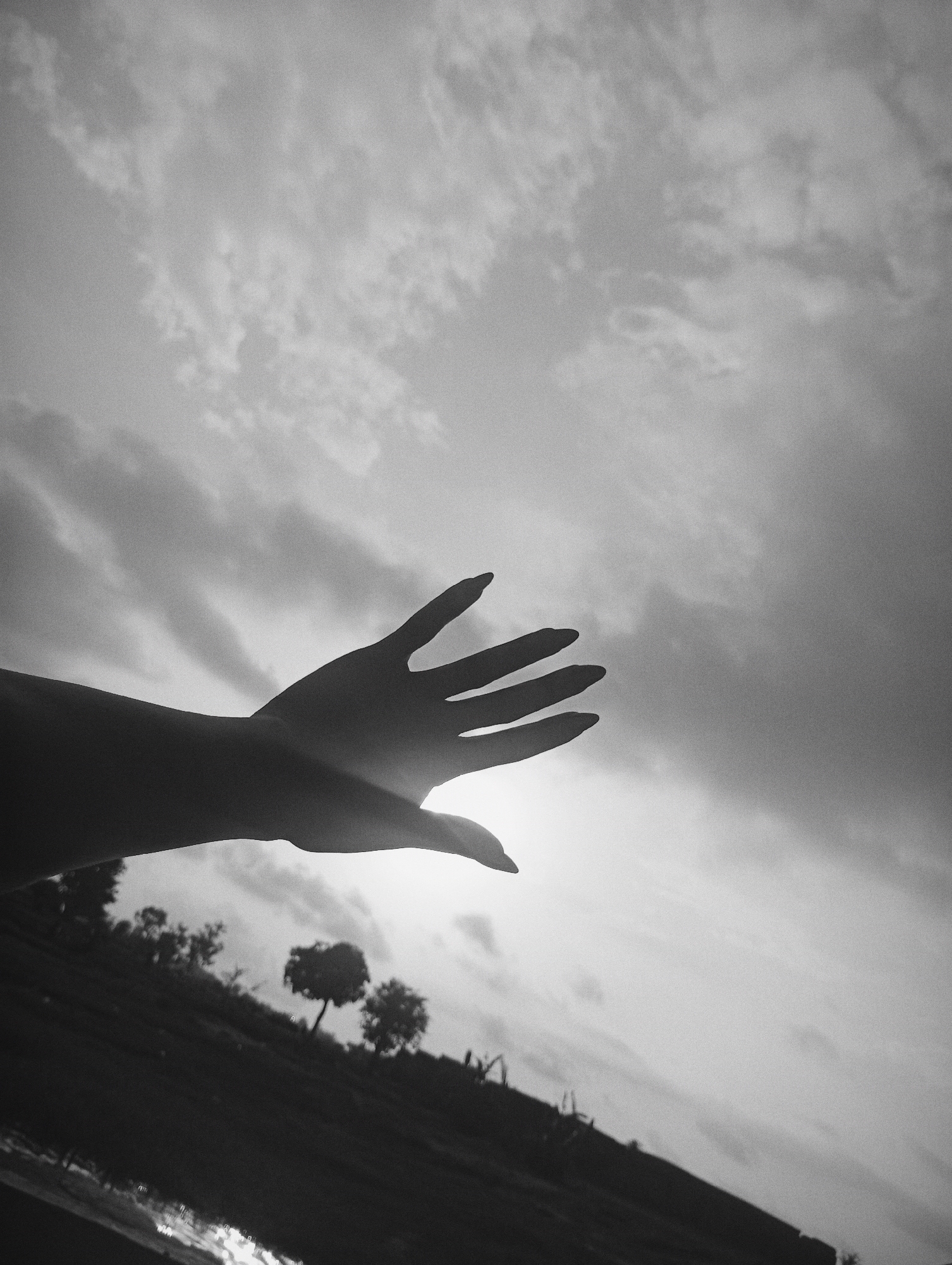 In a black and white photograph, a silhouette of a left arm and hand extends from the bottom left corner, fingers spread open towards the right. The hand is positioned in front of the sun, creating a lens flare effect and obscuring the details of the palm. The background consists of a cloudy sky and a silhouetted landscape below, featuring trees and a body of water. The image is taken from a low angle, looking upwards. The location is not specified in the image.