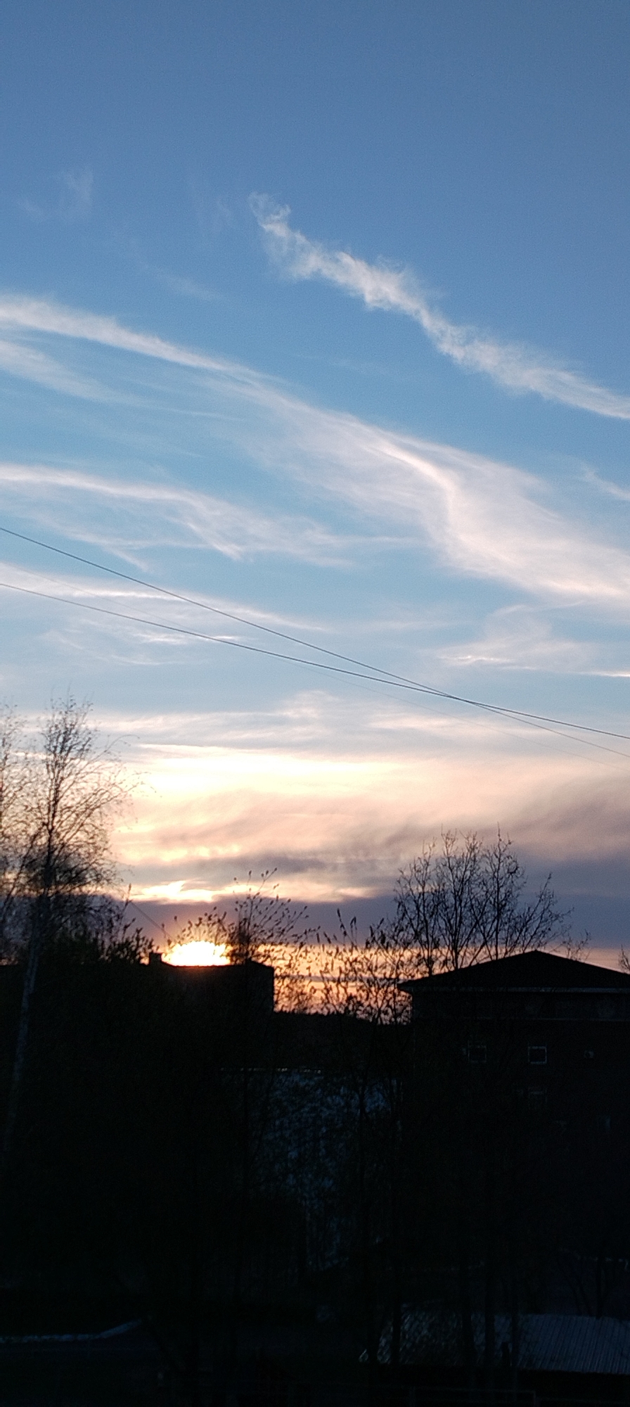 A photograph taken in Unknown, Unknown, depicts a landscape at dusk. Above the horizon, the sky features wispy clouds against a gradient of blue and pink hues. Silhouetted trees and buildings form a dark foreground, obscuring the lower portion of the image. Two wires extend across the sky, slightly above the middle of the frame. The sun appears to be setting behind the silhouetted buildings, casting a warm glow. The buildings seem to be residential. The image is slightly out of focus.