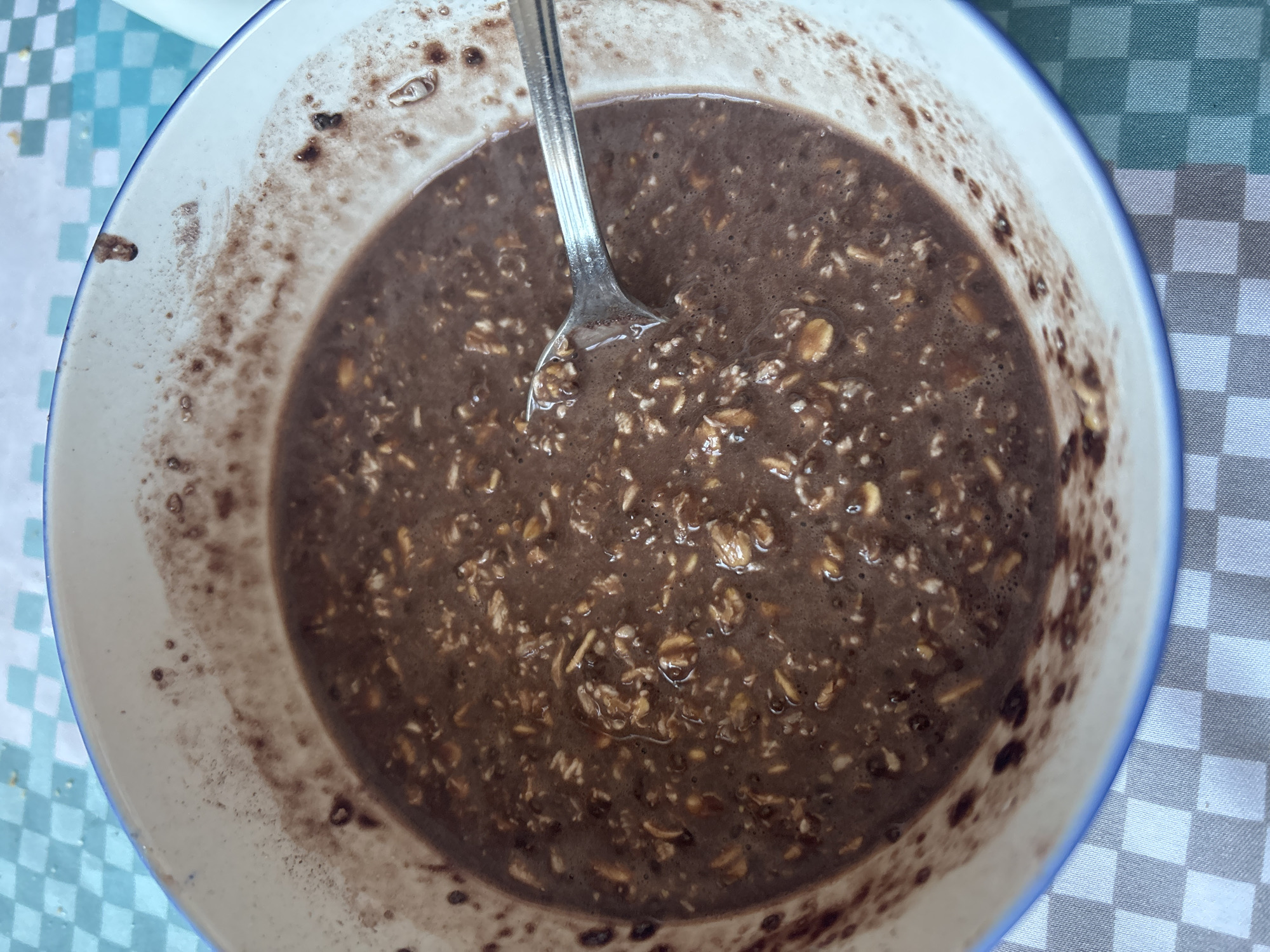 A top-down view shows a bowl filled with a dark brown mixture containing oats, with a metal spoon partially submerged in the center. The bowl has a white interior and a blue rim. Brown splatter marks are visible on the inside of the bowl. The bowl rests on a surface with a blue and white checkered pattern. The image was taken in Zlatograd, Bulgaria.