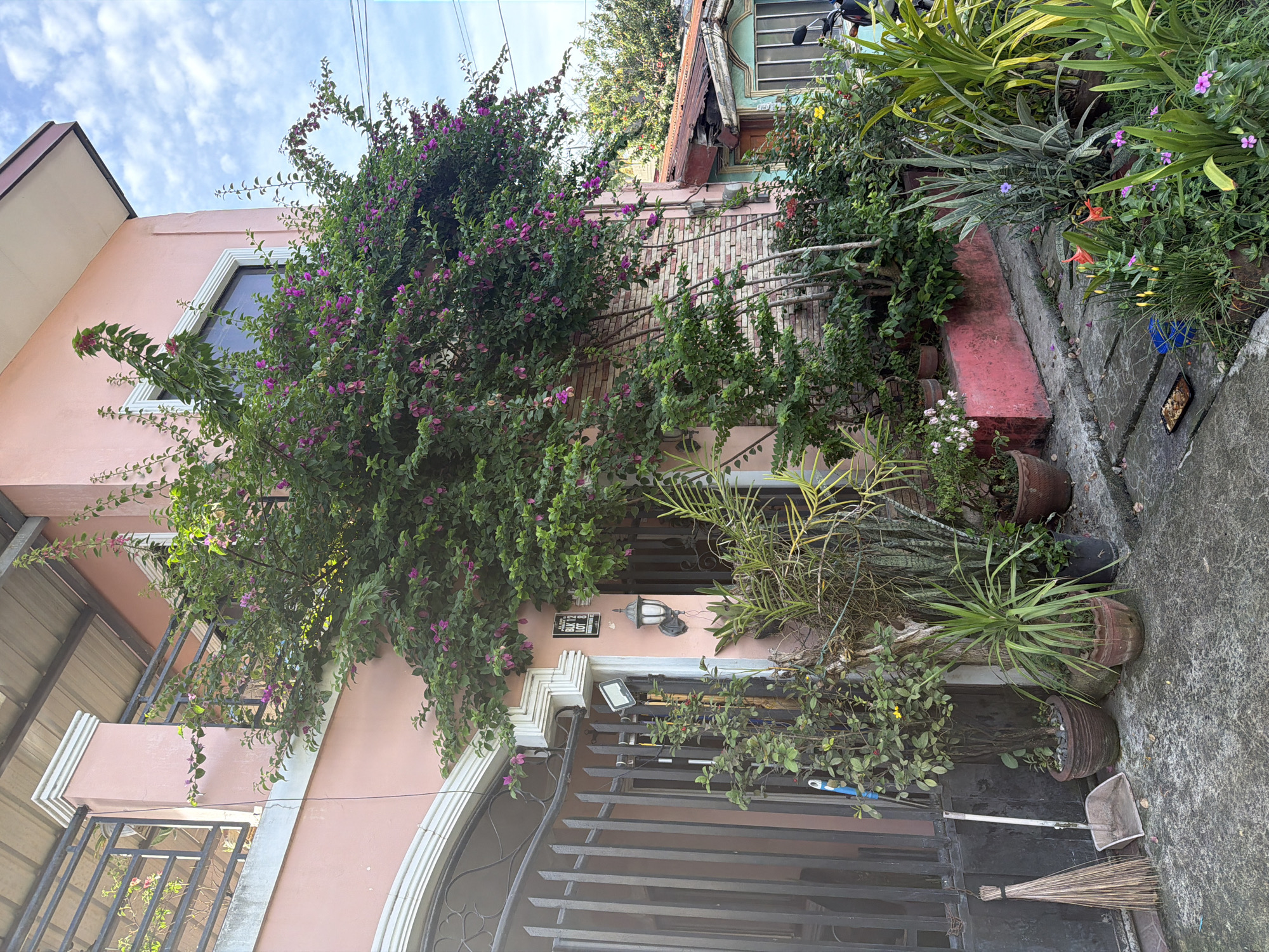The image depicts the exterior of a two-story building in Davao City, Philippines. The building is painted a salmon color with white trim around the windows. A large bougainvillea plant with purple flowers dominates the view, obscuring part of the second story. A brick facade section is visible on the right side of the building. The entrance is partially blocked by a black wrought iron gate. Several potted plants are positioned in front of the gate. A broom and dustpan are visible on the ground to the right of the gate. The sky is partly cloudy. Overhead power lines are also visible. A building is located next to the salmon building and is adorned with plants.