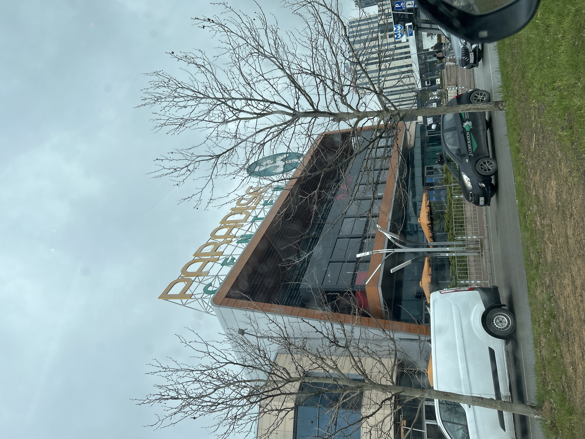 The image depicts a view of a modern building in Sofia, Bulgaria. The building's facade consists of glass and a metal frame with the word "SERDIKA" in large golden letters, with a green logo on top. Two bare trees are in the foreground, partially obscuring the view of the building. On the street, a white van and a black car are parked, both facing the same direction. A sign with a "P" and other symbols is visible in the background, possibly indicating parking. The sky is overcast and gray. A small glimpse of green grass and a part of a vehicle’s side mirror can be seen on the right side of the frame.