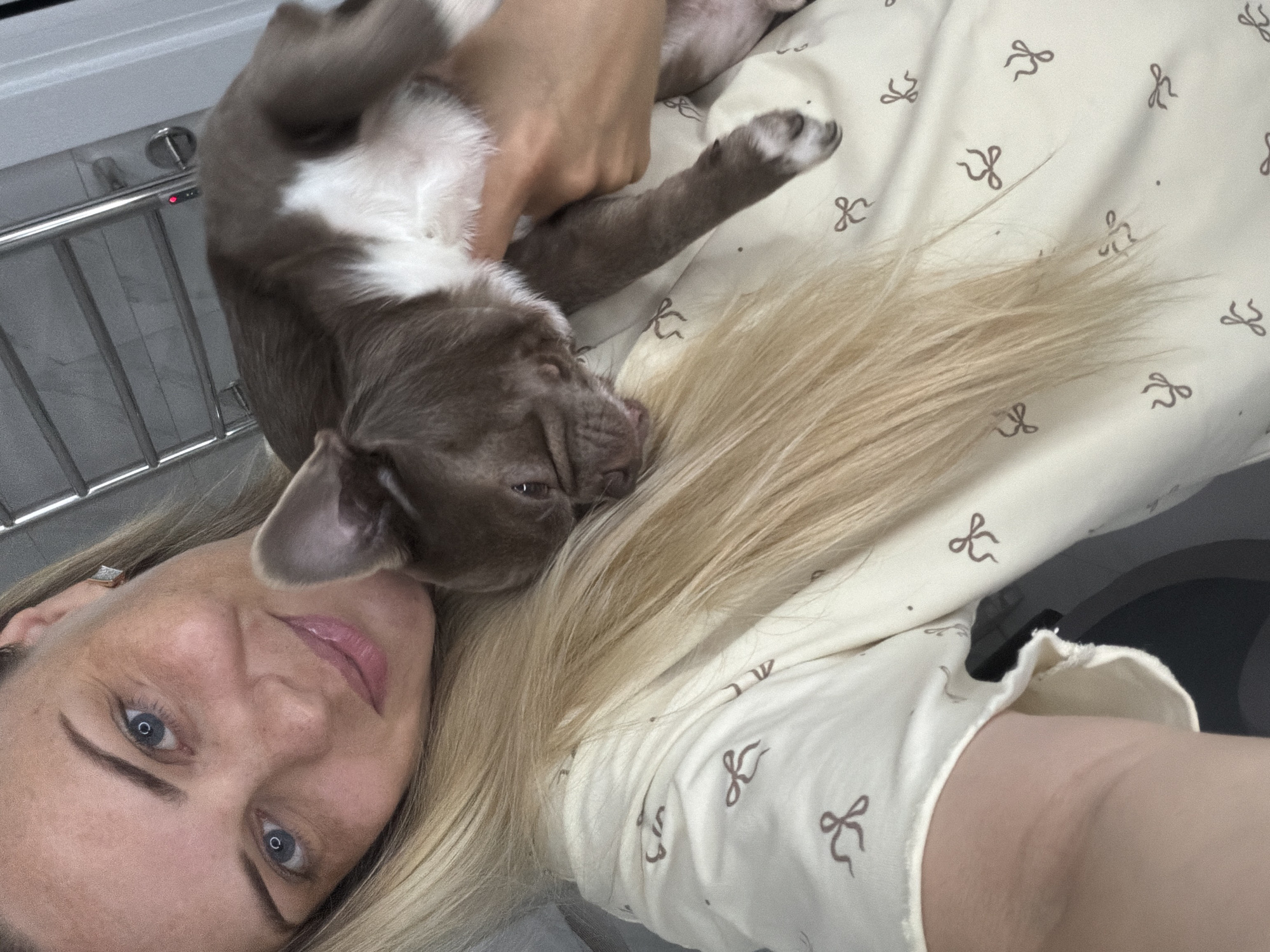 The image shows a close-up selfie of a young woman with blonde hair and blue eyes, holding a small brown and white dog, possibly a chihuahua or French bulldog. She is wearing a light-colored, patterned pajama top. The background appears to be a bathroom, with a silver towel rack and a tiled wall visible. The woman is looking directly at the camera with a slight smile, and the dog is resting on her shoulder, with its face turned away from the camera. The lighting is soft and natural. It is not possible to determine the specific location within the city of Votkinsk, Russia, from the provided image.