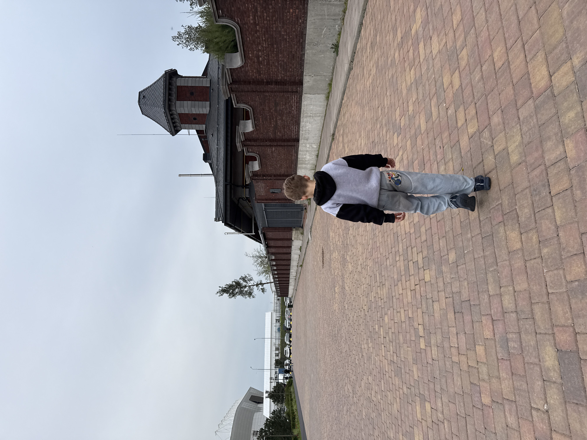 A long, red brick walkway is the primary subject of the image. A child wearing a light grey and black hooded sweatshirt and light grey pants with characters on the leg is walking or standing on the brick walkway. To the left of the walkway is a brick building with a small tower-like structure on its roof. Further in the distance, there appears to be a large, modern building, possibly a stadium or arena. There are also trees and parked cars visible in the background. The sky is overcast and grey. This location is likely in the city of Rostov-on-Don, Russia.