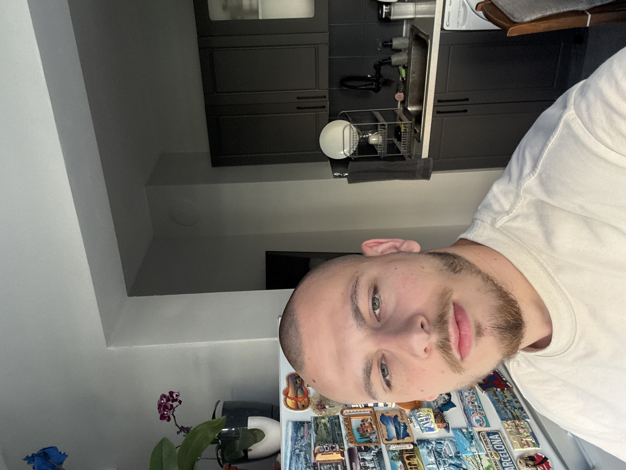 The image is a close-up, selfie-style photograph taken indoors, likely in a kitchen area. In the foreground, a man with a shaved head, light skin, and a light beard is looking towards the camera. He is wearing a light-colored t-shirt. Behind him, to his left, is a white refrigerator adorned with numerous colorful magnets, many depicting various European cities and landmarks, including some suggestive of Stara Zagora, Bulgaria. A potted plant with green leaves and a small purple orchid is visible above the refrigerator. To the man's right, a dark kitchen counter with a sink, faucet, dish rack, and various soap dispensers is visible. Dark kitchen cabinets are mounted above the counter. The overall lighting suggests it is daytime.