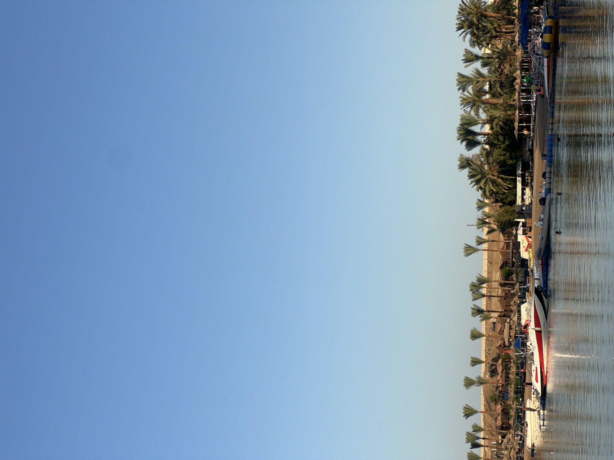 The image depicts a waterfront scene in Sharm El Sheikh, Egypt, characterized by a clear, light blue sky and calm water. A row of palm trees lines the shore, interspersed with buildings and umbrellas, suggesting a resort or recreational area. Several boats are docked along the waterfront, including a prominent white and red vessel. The water reflects the sky and the boats, creating a shimmering effect. The scene appears to be set during the daytime, likely in the morning or late afternoon, given the soft lighting. Some people are visible in the water, implying swimming or recreational activities. The overall atmosphere is tranquil and inviting, characteristic of a vacation destination. There are no visible text elements in the image.
