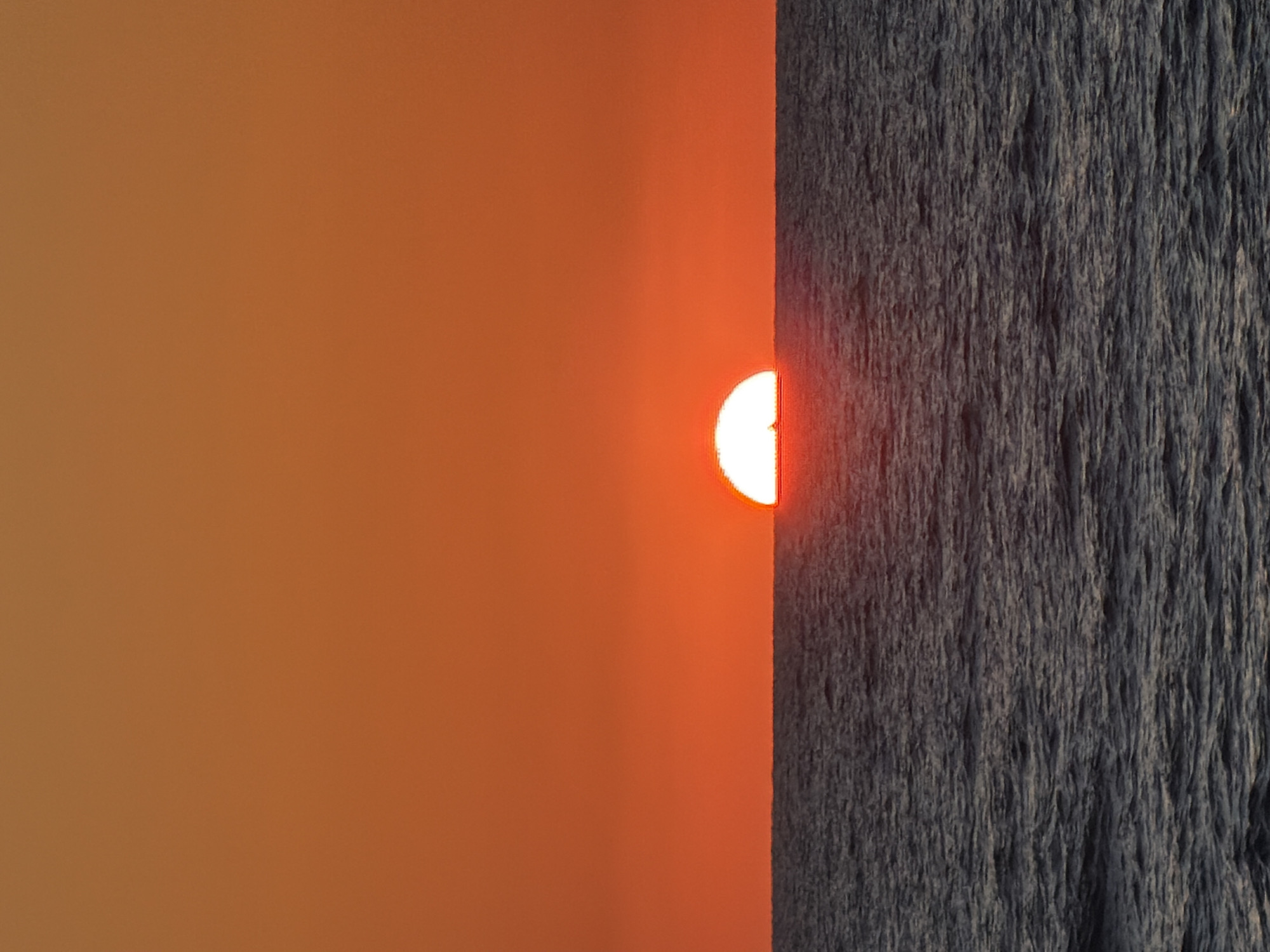 The image depicts a striking sunset or sunrise scene, naturally interpreted as being rotated 90 degrees counter-clockwise from its given orientation. A large, brilliant sun, glowing intensely white at its core and surrounded by a vibrant red halo, is centered along the horizon line. Above the horizon, the sky is awash in rich, warm orange tones, gradually deepening to a reddish hue closer to the sun. Below the sun, filling the lower portion of the frame, is a dark, heavily textured surface, resembling rugged land or a rocky coastline, which catches a faint red illumination from the sun's light.
The scene captures a moment of profound natural beauty, emphasizing the vivid colors of dawn or dusk. The clear atmosphere and lack of clouds allow for an unobstructed view of the sun's dramatic appearance. Given the context of Tel-Aviv, Israel, this vista most likely represents a sunset over the Mediterranean Sea, viewed from the shoreline or a high point overlooking it. There are no human subjects, man-made objects (beyond natural elements like land and sky), or visible text in the image. The overall mood is one of peace and awe.